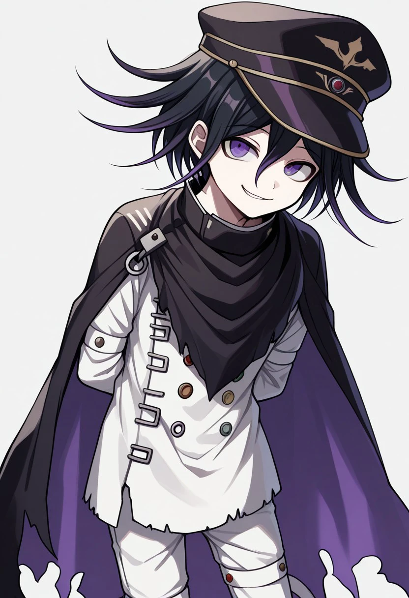 masterpiece, best quality, 
kokichi, 1boy, male focus, solo, purple eyes, black hair, purple hair, multicolored hair, medium hair, hair between eyes, bangs, hat, peaked cap, black headwear, jacket, straitjacket, buttons, double-breasted, white jacket, long sleeves, cape, black cape, torn cape, pants, white pants, simple background,  smirk