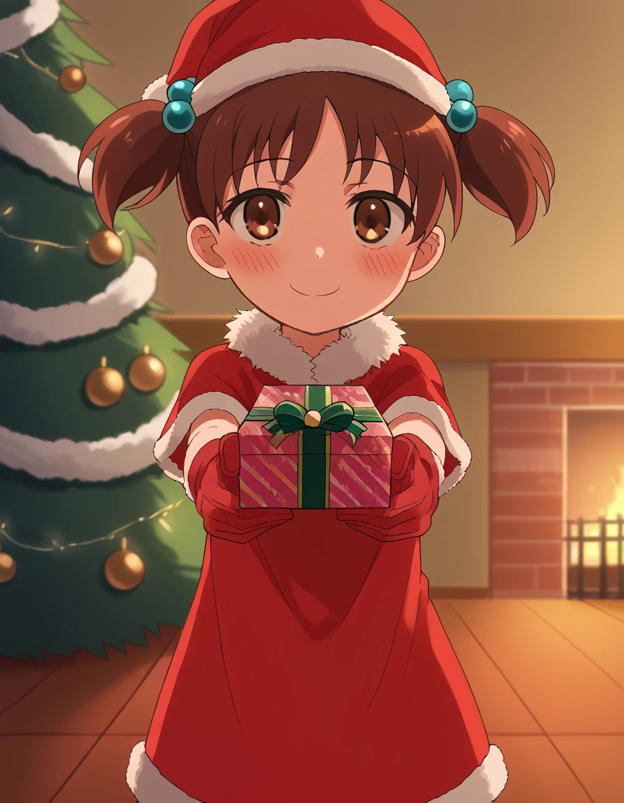 score_9, score_8_up, score_7_up, source_anime, <lora:kana-hazamaya-s1-ponyxl-lora-nochekaiser:1>, kana hazamaya, short hair, brown hair, hair ornament, twintails, brown eyes, hair bobbles, short twintails, child, anime screencap,, <lora:santa-costume-ponyxl-lora-nochekaiser:1>, santa costume, santa hat, christmas, sack, merry christmas, gift, fur-trimmed headwear, holding sack, santa dress, fur-trimmed dress, christmas tree, christmas tree, fur trim, red capelet, gift box, red gloves, fur-trimmed capelet, santa gloves, red hat, hat,, smile, blush, looking at viewer, <lora:incoming-gift-ponyxl-lora-nochekaiser:1>, incoming gift, outstretched arms, holding, holding gift, gift, gift box,, , dutch angle, cowboy shot