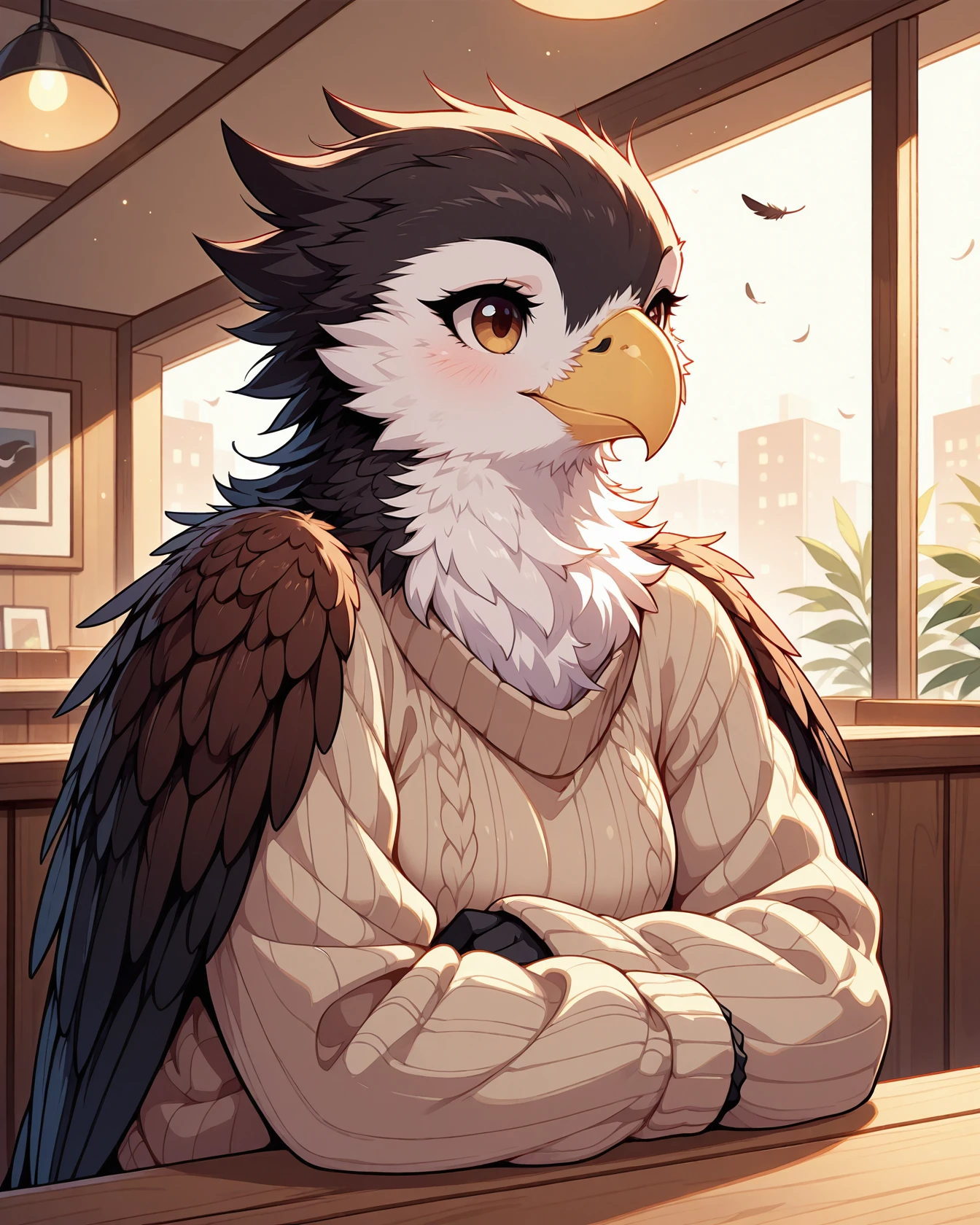 masterpiece, best quality, 1girl, solo, megafeathery, feathers, feathery, bird anthro, avian, beak, eagle anthro, solo, female, sweater, indoors, restaurant, , <lora:Mega_Feathery_for_Illustrious_XL:1>