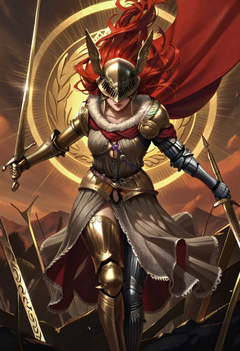 GwentstyleIL-V1.0, masterpiece, best quality, newest, absurdres, highres, 1girl, malenia blade of miquella, floating hair, red hair, long hair, prosthetic leg, armor, gold armor, winged helmet, armor, red cape, prosthetic arm, single mechanical arm, holding sword