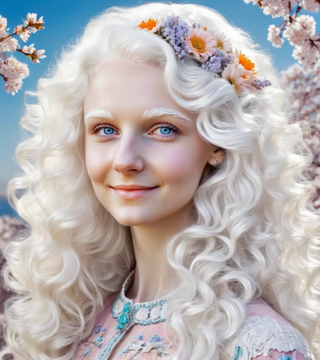 <lora:FemcloudSDXL:0.75>, a femcloud girl, spring, long wavy hair, white hair, cheerful, looking to the side, ((slavonic face)), ((real photo)), (intricate colors)