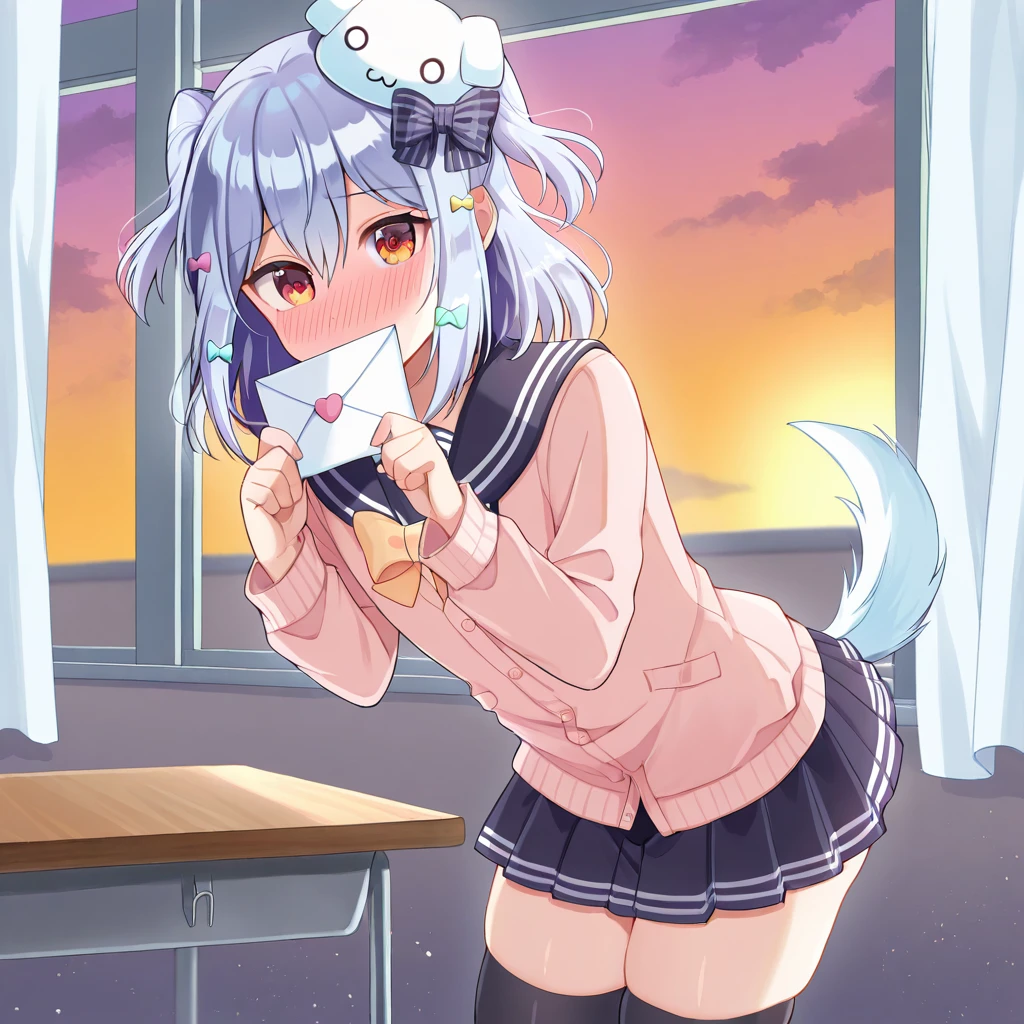 masterpiece, high quality, absurdres, 
solo, nervous, full-face blush, confession, love letter, holding letter, covered mouth, looking at viewer, skindentation, classroom, window, sunset, 
inuyama tamaki,inuyama tamaki (1st costume),
<lora:Inuyama_Tamaki_-_Illustrious:1> blue hair, black bow, black skirt, black thighhighs, bow, bowtie, dog hair ornament, hair bow, hair ornament, miniskirt, otoko no ko, pleated skirt, red eyes, skirt, sweater, thighhighs, two side up, pink cardigan,