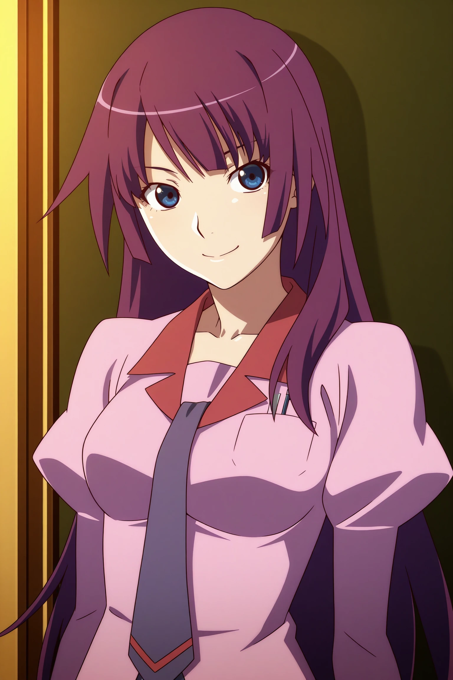 masterpiece, best quality, amazing quality, highres, absurdres, very aesthetic, high resolution, ultra detailed, perfect details, 1girl, solo, indoors, medium breasts, hitagi senjougahara, long hair, hime cut, purple hair, blue eyes, long sleeves, puffy sleeves, pink shirt, untucked shirt, breast pocket, purple tie, purple skirt, pleated skirt, black thighhighs, zettai ryouiki, loafers, <lora:Hitagi_Senjougahara_ILXL:0.8>, (aged up:1.2), (upper body:1.8), looking at viewer, smile, dim lighting, anime coloring, anime screencap, (pose:1.3)