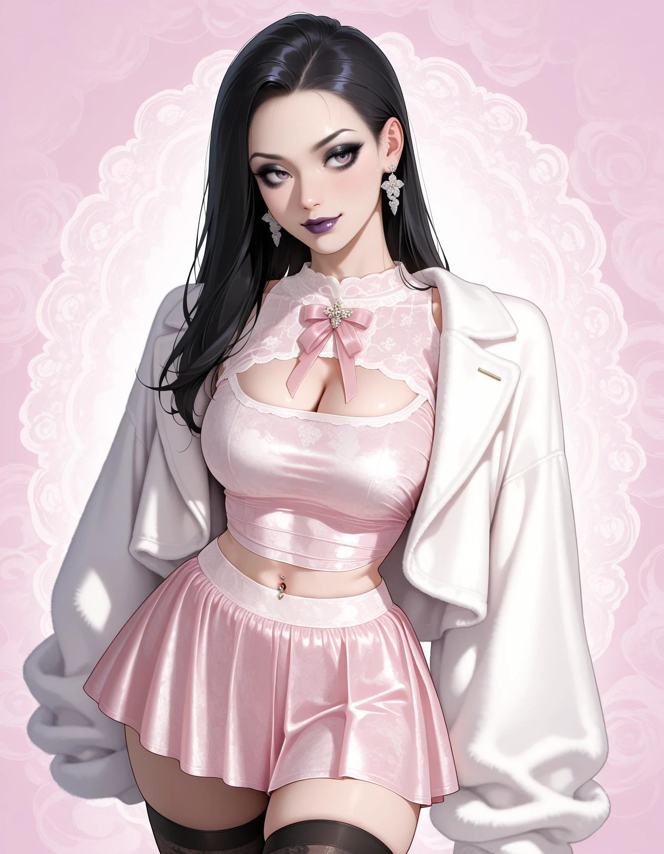 (photo, realistic) the baddest evelynn, black hair, black eyeshadow, black lips,  1girl, solo,  (bright pink:1.3 dress), short skirt,  crushed velvet, fine fabric emphasis, cleavage large breasts, cleavage cutout, navel piercing,  lace, fluffy white jacket, jewelry,  <lora:Outfit_soph-CrushedVelvetDress-ILXL:0.9>,flirting, purple lips, abstract background zettai ryouiki, masterpiece, best quality, very aesthetic, newest