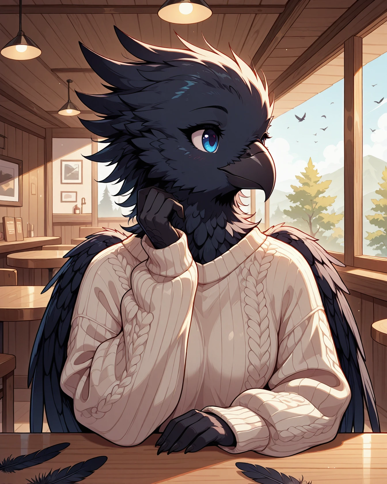 masterpiece, best quality, 1girl, solo, megafeathery, feathers, feathery, bird anthro, avian, beak, crow anthro, solo, female, sweater, indoors, restaurant, , <lora:Mega_Feathery_for_Illustrious_XL:1>