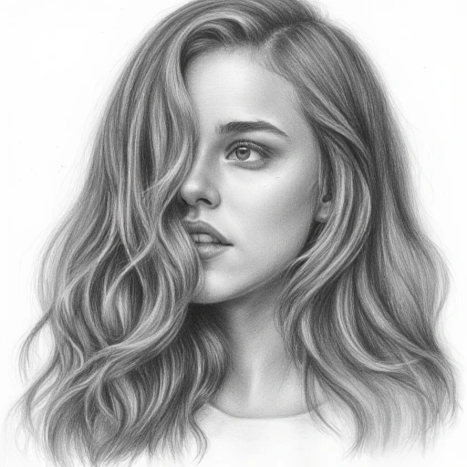 linea, A close-up portrait of a young woman with flowing hair, drawn in a highly detailed pencil sketch style. Her eyes are expressive, gazing thoughtfully to the side. The shading captures soft light falling across her face, with intricate cross-hatching for texture. Strands of hair are individually detailed, with natural flow and slight imperfections to mimic hand-drawn art. Grayscale shading emphasizes depth and highlights the natural beauty of pencil work