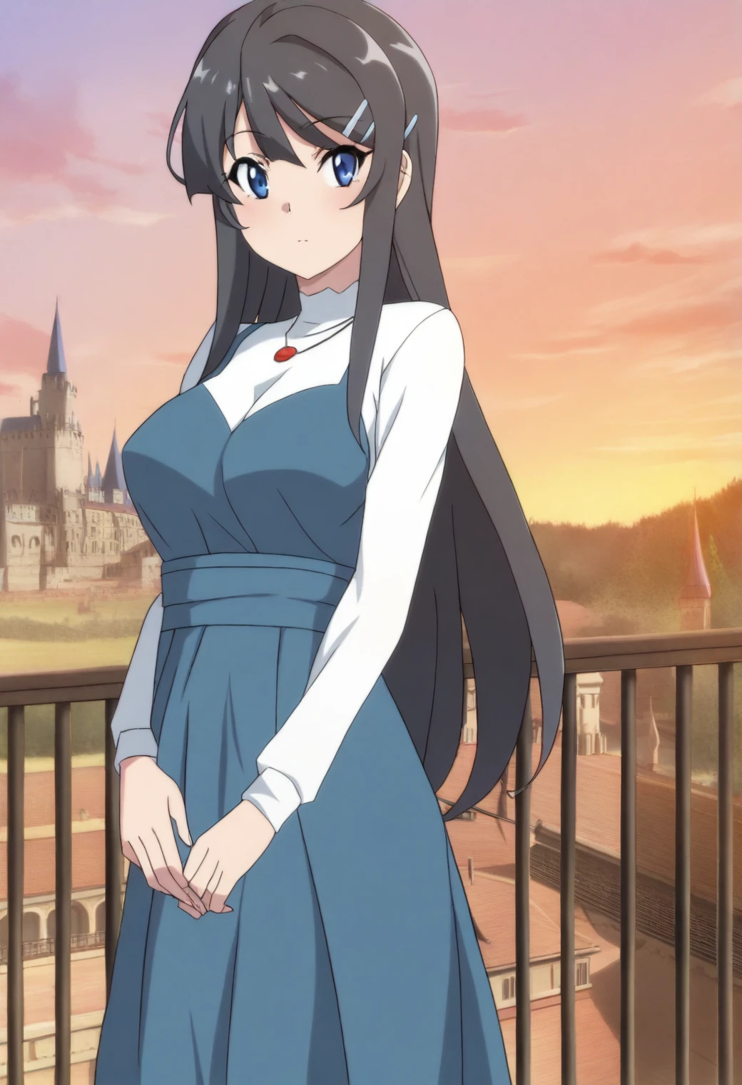 <lora:Mai Sakurajima - [Rascal Does Not Dream of Bunny Girl Senpai] - illustriousXL v1:1>, sysdeep_mai, blue eyes, black hair, long hair, hairclip, anime coloring, 1girl, solo, long train dress, misty castle courtyard, poised and elegant