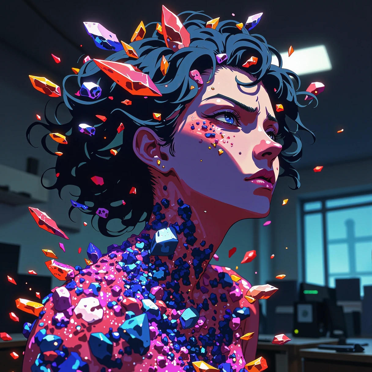 anime of an high quality image, 8K, ultra detailed mid-shot of a woman infected with multi-colored crystals, side profile, looking up, face in anguish and sadness, crystal tears, various hues from ruby red to obsidian black, the crystal clusters erupt from her skin and hair, transforming her body to crystal, curly hair, ultra sharp focus, dynamic composition, in a normal looking office, themes of forced transformation