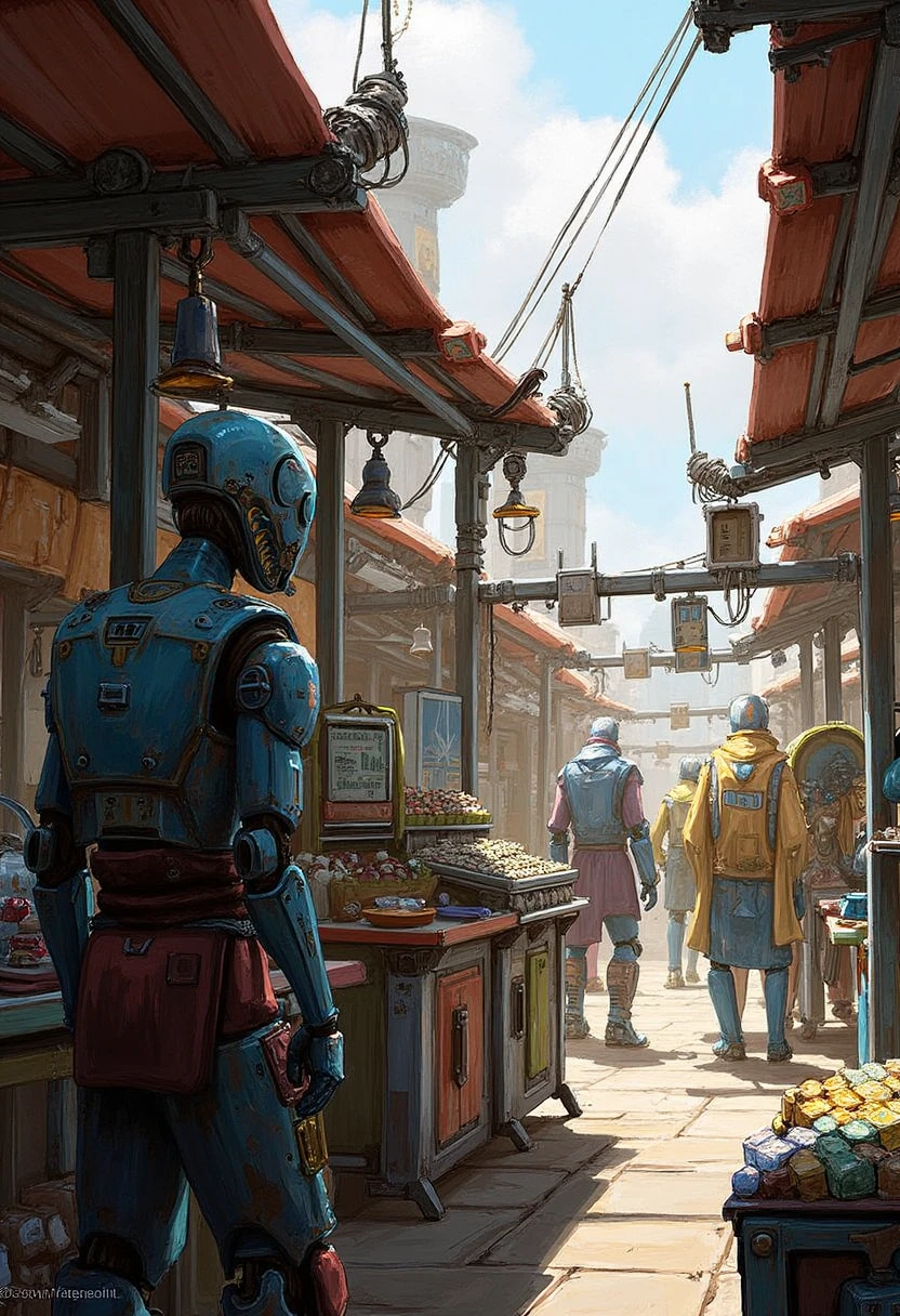 YFG-Hamrater A futuristic marketplace bustling with alien traders and robotic assistants. The vibrant colors of their wares and the intricate detailing of the stalls reflect Hamrish Frater's flair for immersive environments.