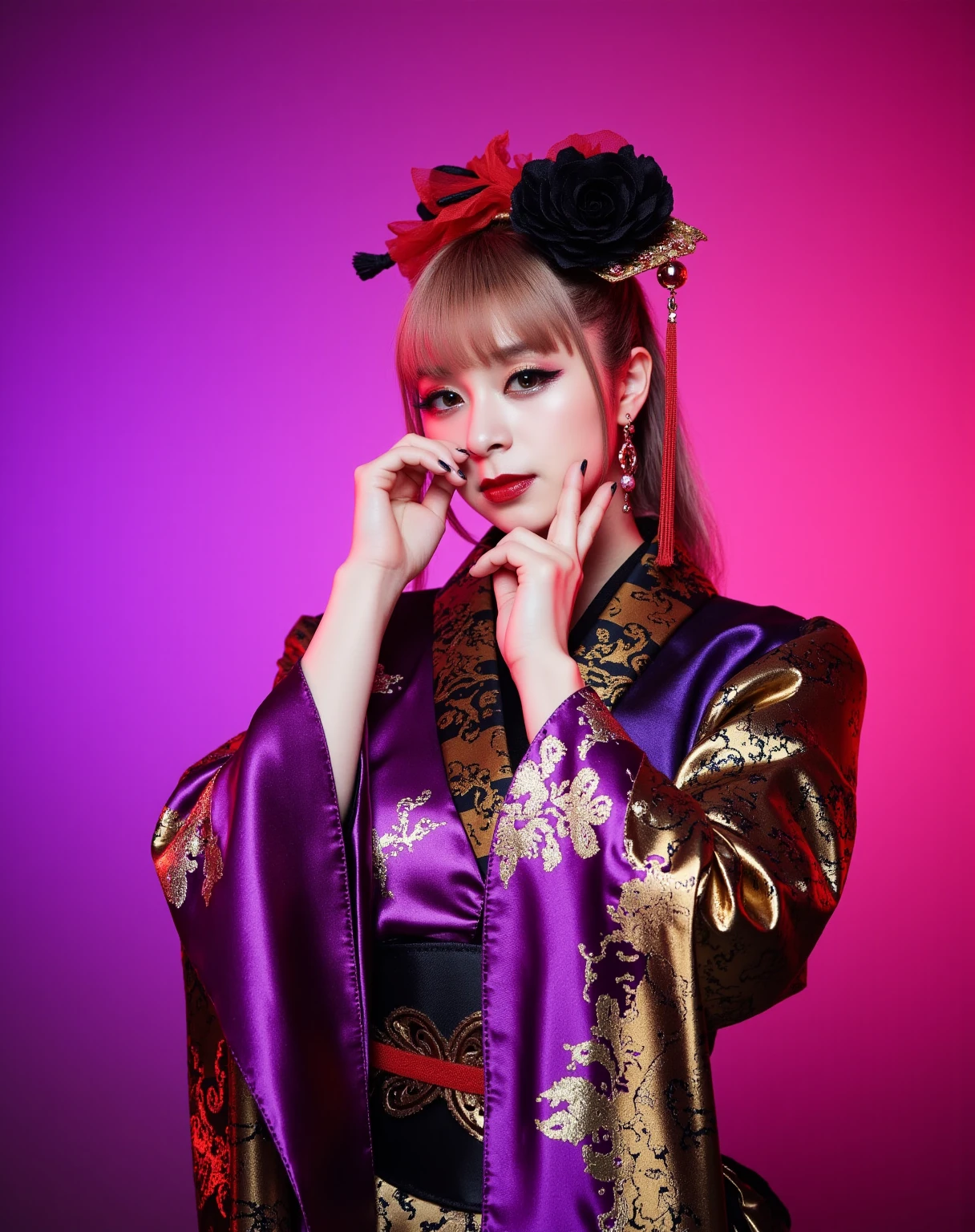 The image is a high-resolution photograph featuring a young Asian woman in a traditional Japanese kimono. She is positioned against a solid, gradient purple background that adds a rich and elegant contrast to her attire. Her skin is fair, and she has straight, light brown hair with bangs that frame her face. She wears a large, ornate hair accessory that includes red, black, and gold elements, complementing her outfit.

Her makeup is striking, with bold red lipstick and dark eyeliner that accentuates her almond-shaped eyes. She has a serene expression, with her hands elegantly positioned near her face, fingers gently touching her cheeks and forehead.

The kimono she wears is a vibrant blend of rich, deep purple and gold brocade, featuring intricate floral patterns and gold embroidery. The fabric is smooth and glossy, reflecting the light softly. Her sleeves are long and wide, adorned with more intricate gold embroidery.

She accessorizes with large, dangling earrings that match the red and gold tones of her hair accessory. The overall composition of the photograph is balanced, with the subject's pose and attire emphasizing a sense of grace and elegance.