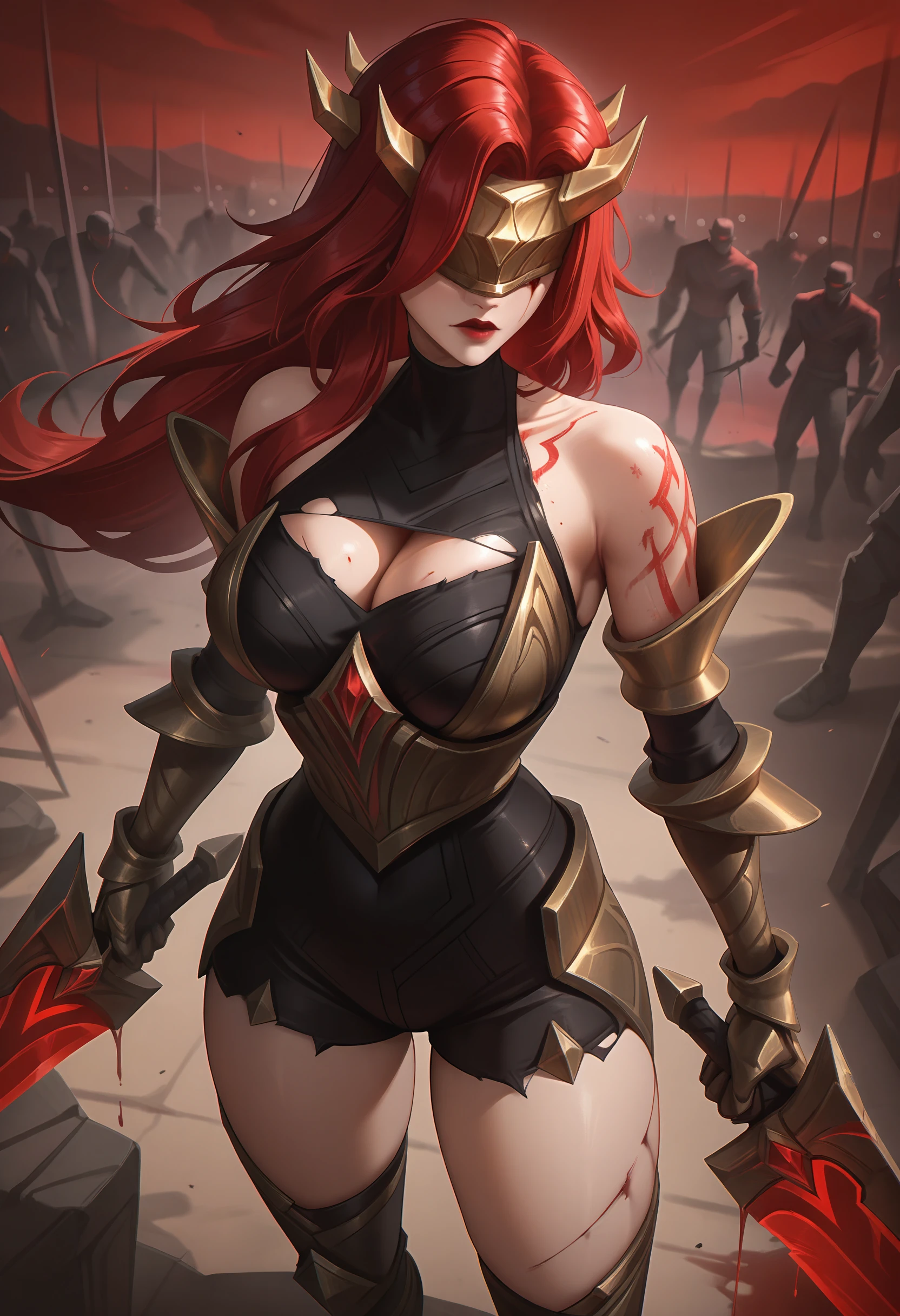 masterpiece, best quality, newest, absurdres, highres, 1girl, cuts, torn clothes, league of legends,  <lora:CWKat:0.8> cwkat, tattoo, bare shoulders, covered eyes, red lips, battlefield, holding weapon, dual wielding, holding sword, red sky, (torn clothes:1.2), blood, (cuts:1.1),  large breasts, black shirt, serious, thighs, gauntlets, cleavage cutout, from above, bleeding,