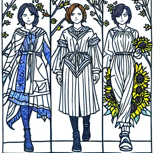 <lora:Moonlit_Minimalism:1> ArsMJStyle, Moonlit Minimalism, four women representing the seasons, each dressed in richly detailed garments. They stand intertwined with the natural elements of their seasons spring blossoms, summer sunflowers, autumn leaves, and winter snowflakes.