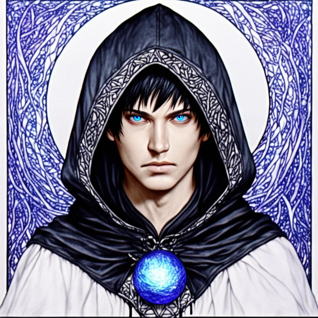 ArsMJStyle, Moonlit Minimalism, The image is a portrait of a young man wearing a black hooded cloak with a hood that covers his head. He is holding a crystal ball in his hands and appears to be in the process of casting it into the air. The man has long dark hair and is looking directly at the camera with a serious expression on his face. The background is dark and filled with stars and nebula giving the impression of a mystical and mystical atmosphere. The colors are vibrant and the overall mood of the image is intense and powerful., 1girl, solo, hood, blue eyes, black hair, looking at viewer, hood up, robe, upper body, realistic