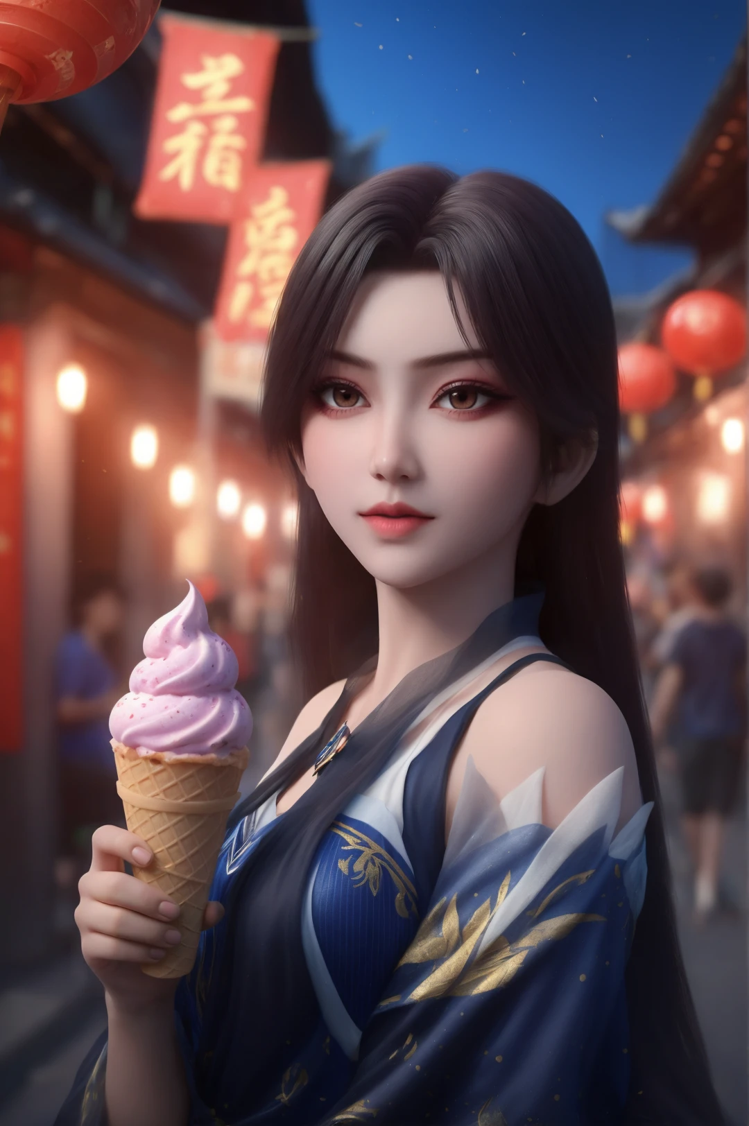 caoying,1girl,solo,holding ice cream cone,night,lantern,east asian architecture,fantasy,depth of field,Highly detailed,(best quality:1.5,masterpiece:1.5),<lora:caoying-000010:0.85>,