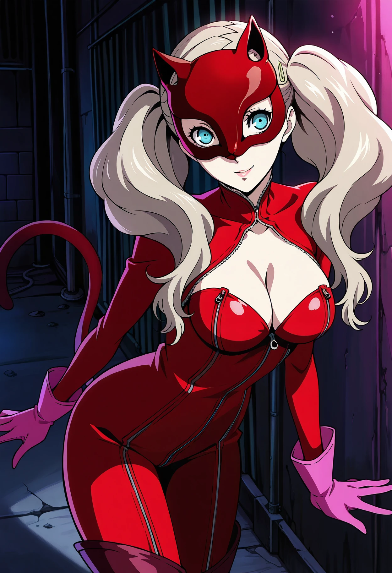 1 girl, solo, cute face,
p5ann, twintails, long hair, takamaki ann, blonde hair, hairclip,
p5panther, red bodysuit, cat mask, fake tail, thighhighs, gloves, shiny, cleavage cutout, pink gloves,  
smile,
standing, dark, alley, noir, looking at viewer, smile,
masterpiece, best quality, ultra detailed,