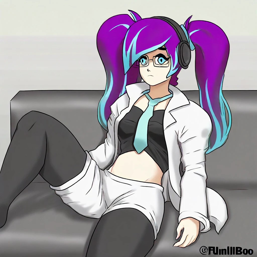 2D, score_9, score_8_up, score_7_up, BREAK, 1girl, solo, GlitchProdBo, Purple Hair, Blue Highlights,Twintails, Blue Eyes, Glasses, headphones,White Labcoat, Black Croptop, Blue Tie, White Shorts, black thighhighs, couch