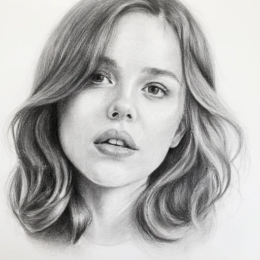 linea, A close-up portrait of a young woman with flowing hair, drawn in a highly detailed pencil sketch style. Her eyes are expressive, gazing thoughtfully to the side. The shading captures soft light falling across her face, with intricate cross-hatching for texture. Strands of hair are individually detailed, with natural flow and slight imperfections to mimic hand-drawn art. Grayscale shading emphasizes depth and highlights the natural beauty of pencil work