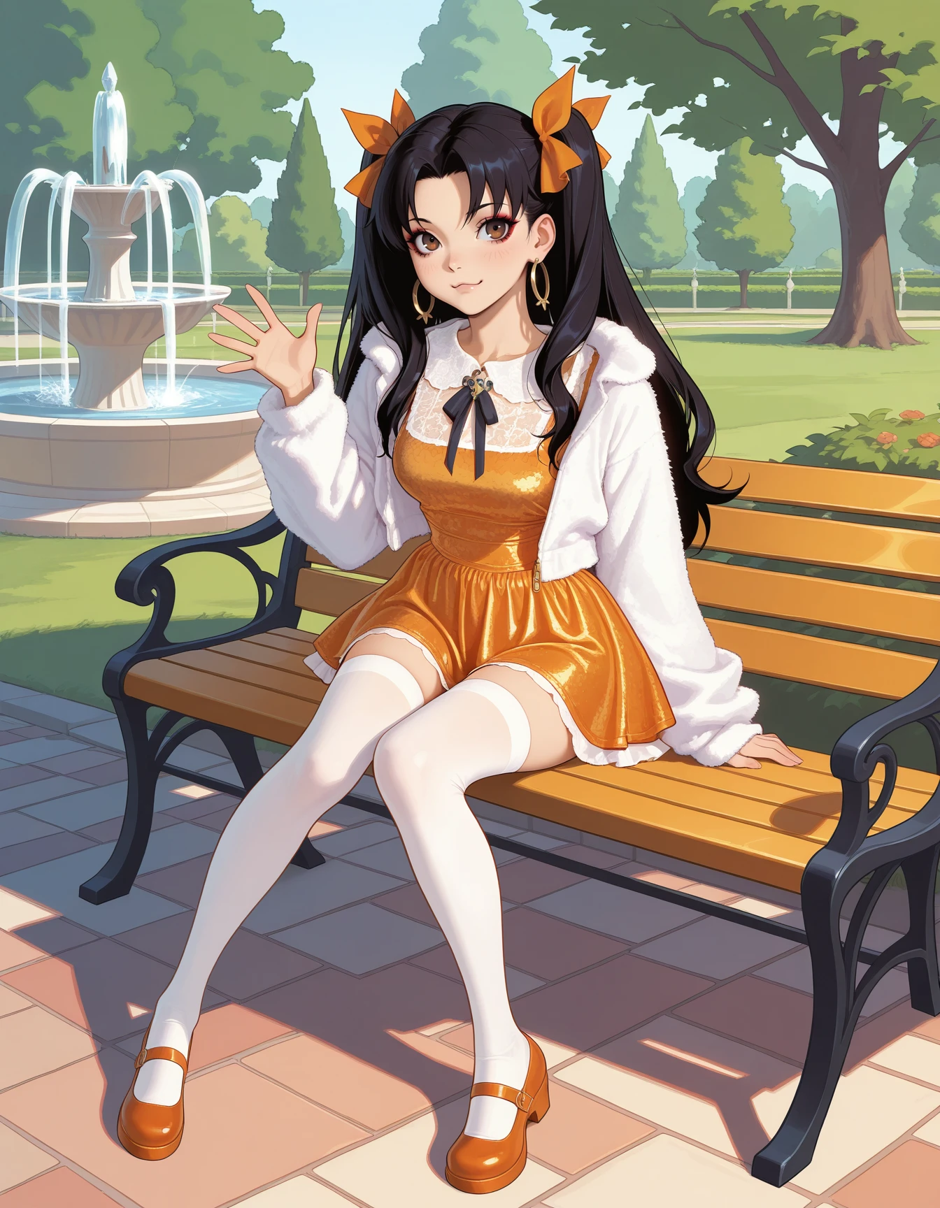 (ilya kuvshinov:0.7) Ishtar 1girl, solo, wearing orange  crushed velvet dress, lace, fuzzy jacket,  jewelry, eyeliner, eyeshadow, makeup, ((lip liner)) <lora:CVDressLR-ILXL2024-12-25_19-00-10-save-315-45-0:0.9>, outdoors, fountain, garden,  park bench, thighhighs, zettai ryouiki, white socks, mary janes, full body, sitting, waving, :3 masterpiece, best quality, very aesthetic, newest