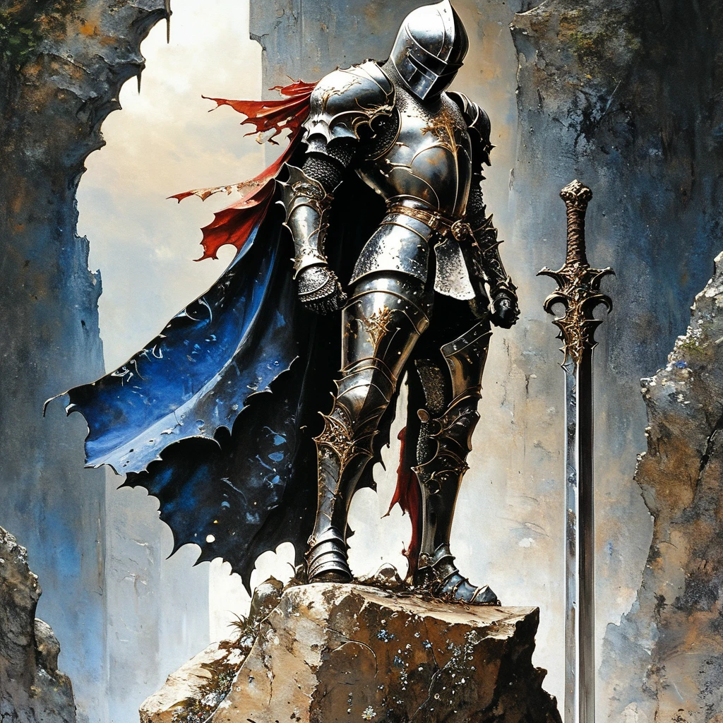 <lora:Ethereal_Gothic_RenaissanceSDXL:1> ArsMJStyle, Etherial Gothic, The image shows a knight in full armor holding a sword in one hand and standing atop a rock. The knight is wearing a helmet and a cape and the background is a mix of blue black and white., armor, weapon, sword, solo, helmet, cape, planted, 1boy, planted sword, full armor