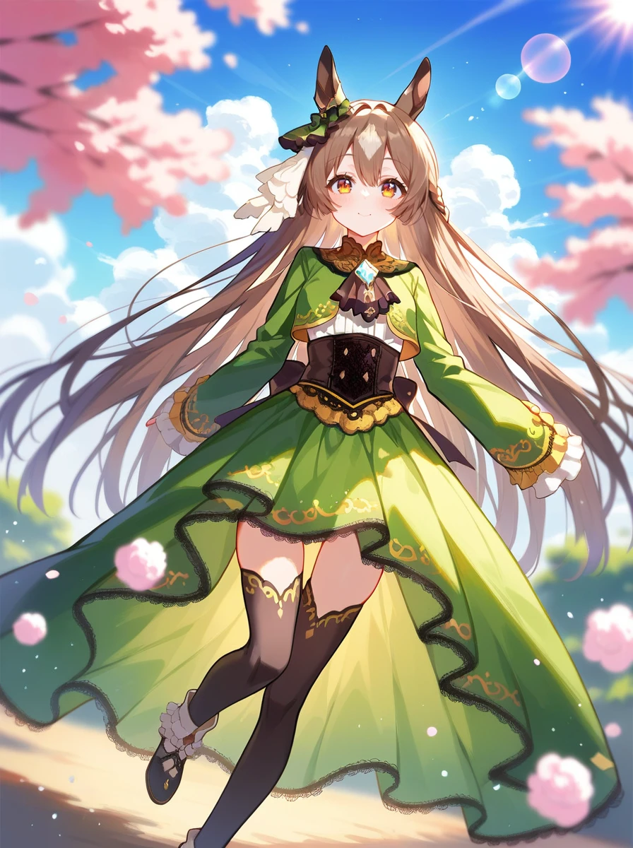 score_9, score_8_up, score_7_up, rating_safe, masterpiece, best quality, absurdres, unity 8k wallpaper, official art, official style, source_anime,
satono diamond \(umamusume\), 1girl, horse ears, ear ornament, running, smile, horse tail, looking at viewer, sleeves past wrists, blush, blurry, half updo, closed mouth, sky, outdoors, brown ascot, white frilled long sleeves, blue sky, blurry background, day, cloud, standing on one leg, depth of field, lace-trimmed high-low skirt green dress, brown thighhighs, white ankle boots, blue brooch, low back brown ribbon
light rays,lens flare,light particles,beautiful detailed eyes,dynamic pose,dynamic angle,outdoor,
<lora:pony_satono_diamond_v1.02:1>