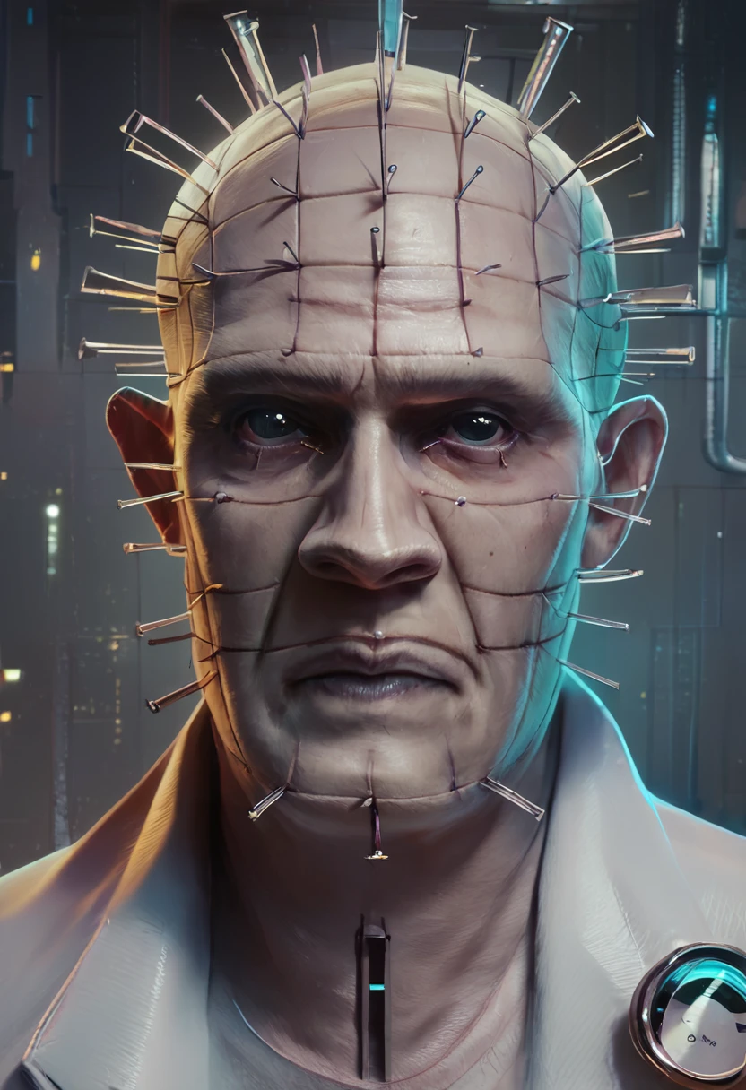 <lora:Pinhead-PXL:1> Pinhead-PXl, Pinhead, solo,  1 boy, doctor, cyberpunk, medical scrubs, portrait,  closed mouth,  <lora:Concept Art Brush Style LoRA_Pony XL v6:1> concept art, digital art, realistic, <lora:Piotr-Jablonski-artstyle:1>, score_9, score_8_up, score_7_up, score_6_up, score_5_up, score_4_up