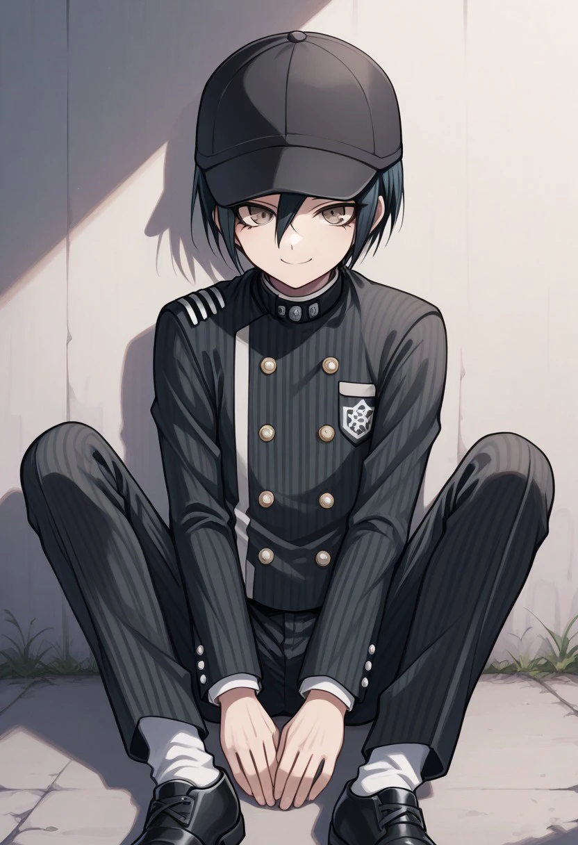 masterpiece, best quality, 
shuichi, 1boy, male focus, solo, brown eyes, black hair, short hair, hair between eyes, hat, black headwear, baseball cap, school uniform, jacket, black jacket, buttons, striped jacket, stripes, double-breasted, pinstripe pattern, pants, striped pants, socks, shoes, black footwear, smile
indoor, sitting, on ground