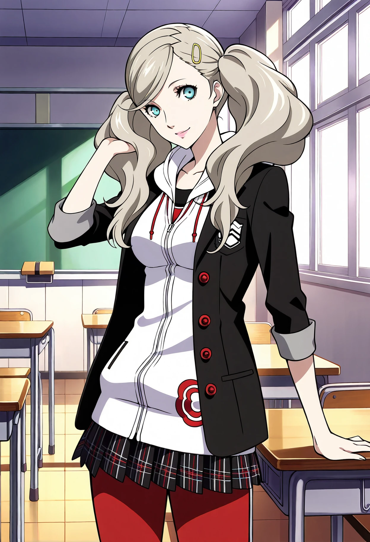 1 girl, solo, cute face,
p5ann, twintails, long hair, takamaki ann, blonde hair, hairclip,
skirt, school uniform, jacket, open clothes, hairclip, hood, miniskirt, sweater, open jacket, black jacket, hoodie,hood down, white sweater, red pantyhose, hooded cardigan, shuujin academy school uniform, 
standing, classroom, looking at viewer, smile,
masterpiece, best quality, ultra detailed,
