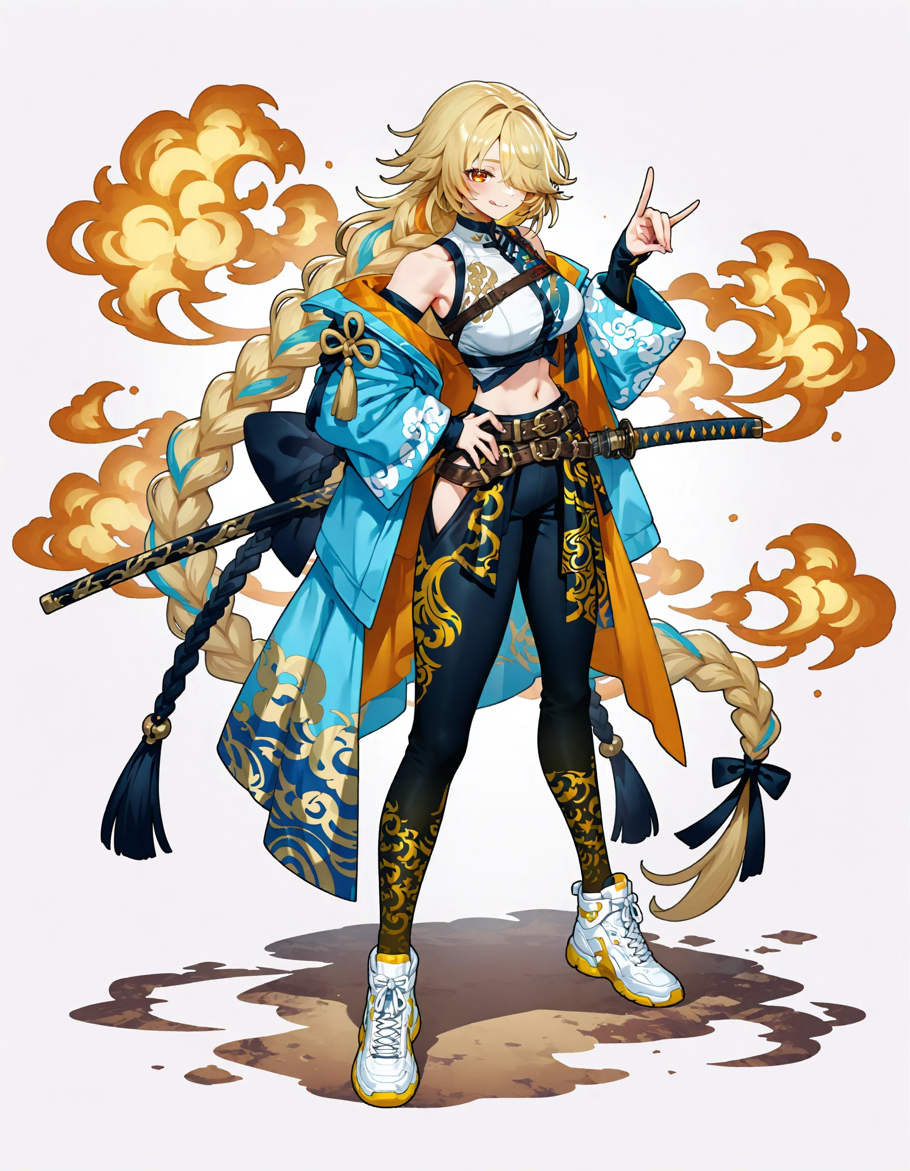 Turf, 1girl, solo, long hair, breasts, looking at viewer, smile, shirt, skirt, blonde hair, long sleeves, white background, navel, ribbon, bare shoulders, very long hair, standing, blue hair, jacket, white shirt, full body, yellow eyes, braid, weapon, multicolored hair, pantyhose, shoes, sleeveless, tongue, pants, belt, midriff, sword, tongue out, wide sleeves, off shoulder, hair over one eye, streaked hair, open jacket, black pantyhose, orange eyes, hand on own hip, sleeveless shirt, single braid, black ribbon, black pants, white footwear, blue jacket, katana, sneakers, tassel, sheath, braided ponytail, sheathed, licking lips, absurdly long hair, hip vent, long braid, fox shadow puppet, patterned clothing, cloud print, thigh cutout, patterned, low-braided long hair,  white background, <lora:TurfWD14:0.7>