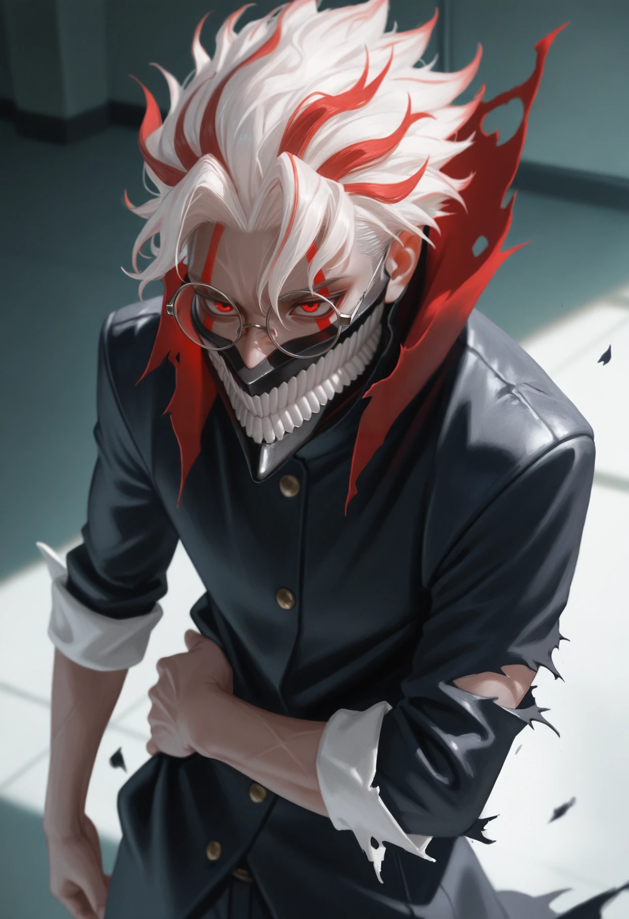 masterpiece, best quality, realistic,
 <lora:Okarun Dandadan [IL]:0.85> okarun, 1boy, solo, male focus, red eyes, glasses, white hair, mask, teeth, long sleeves, multicolored hair, red hair, round eyewear, || rolled up sleeves, school uniform, torn clothes, black jacket,