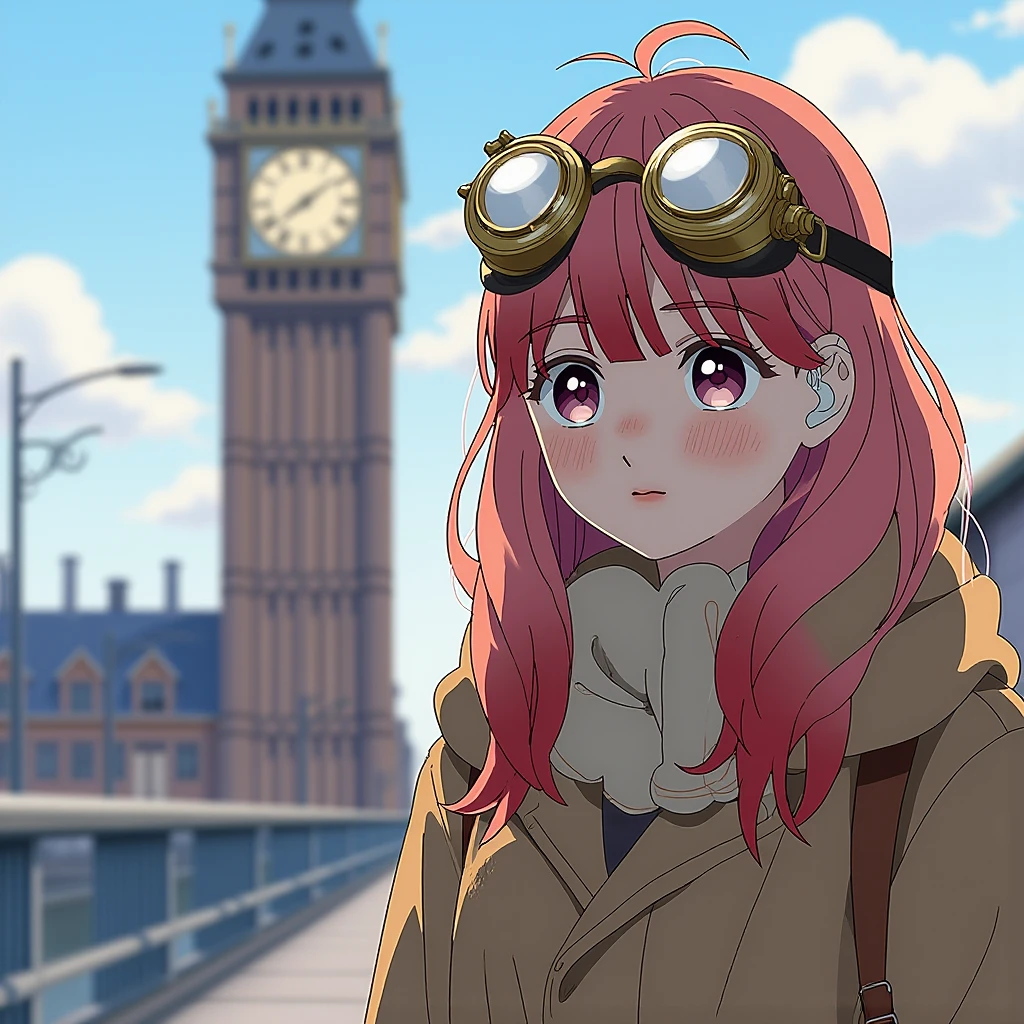 Steampunk Yuki with intricate brass goggles and mechanical wings, standing in front of a clock tower