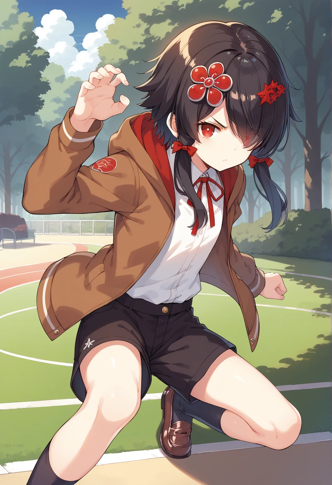 <lora:Andrea_Owen_2_black_v1.0:0.9>,AndreaOwen,black hair,red eyes,hair over one eye,hair ornament,short hair with long locks,flat chest,
brown jacket,hooded jacket,white shirt,neck ribbon,black shorts,black socks,loafers,
1girl,anime screenshot,solo,
fighting stance,dynamic pose,
park,
serious,, score_9,score_8_up,score_7_up,source_anime,best quality,masterpiece,uncensored,beautiful eyes,