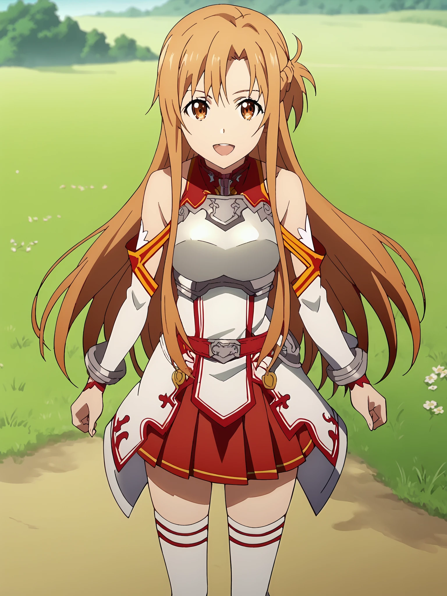 score_9, score_8_up, score_7_up, source_anime,anime screencap, anime coloring, official style,
outside, epic landscape,
 <lora:3-in-1_Asuna_Yuuki_Suguha_Kirigaya_and_Kirito_Kazuto_Kirigaya_Sword_Art_Online_-_Pony:.8>
Asuna Yuuki (character), Asuna Knights of the Blood uniform, 1girl, asuna (sao), long hair, brown hair, solo, thighhighs, brown eyes, skirt, breastplate, open mouth, looking at viewer, detached sleeves, smile, armor, pleated skirt, :D, bare shoulders, red skirt, facing the viewer