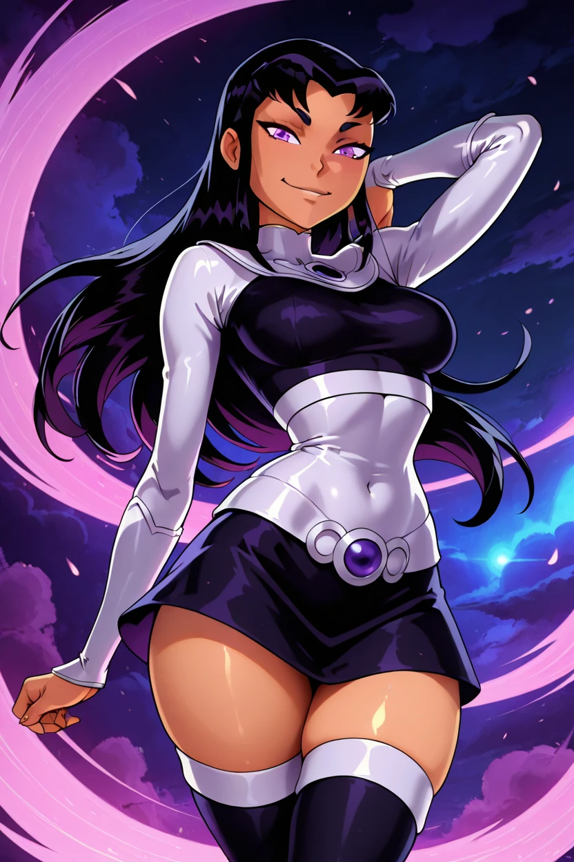 masterpiece, best quality, solo, curvy, beautiful eyes,zzBlkFr, purple eyes, black hair, long hair, long sleeves, thighhighs, skirt,     <lora:BlackfireDCIXL_v2:1.0>, dynamic pose, cowboy shot, smile, looking at viewer, shiny skin,