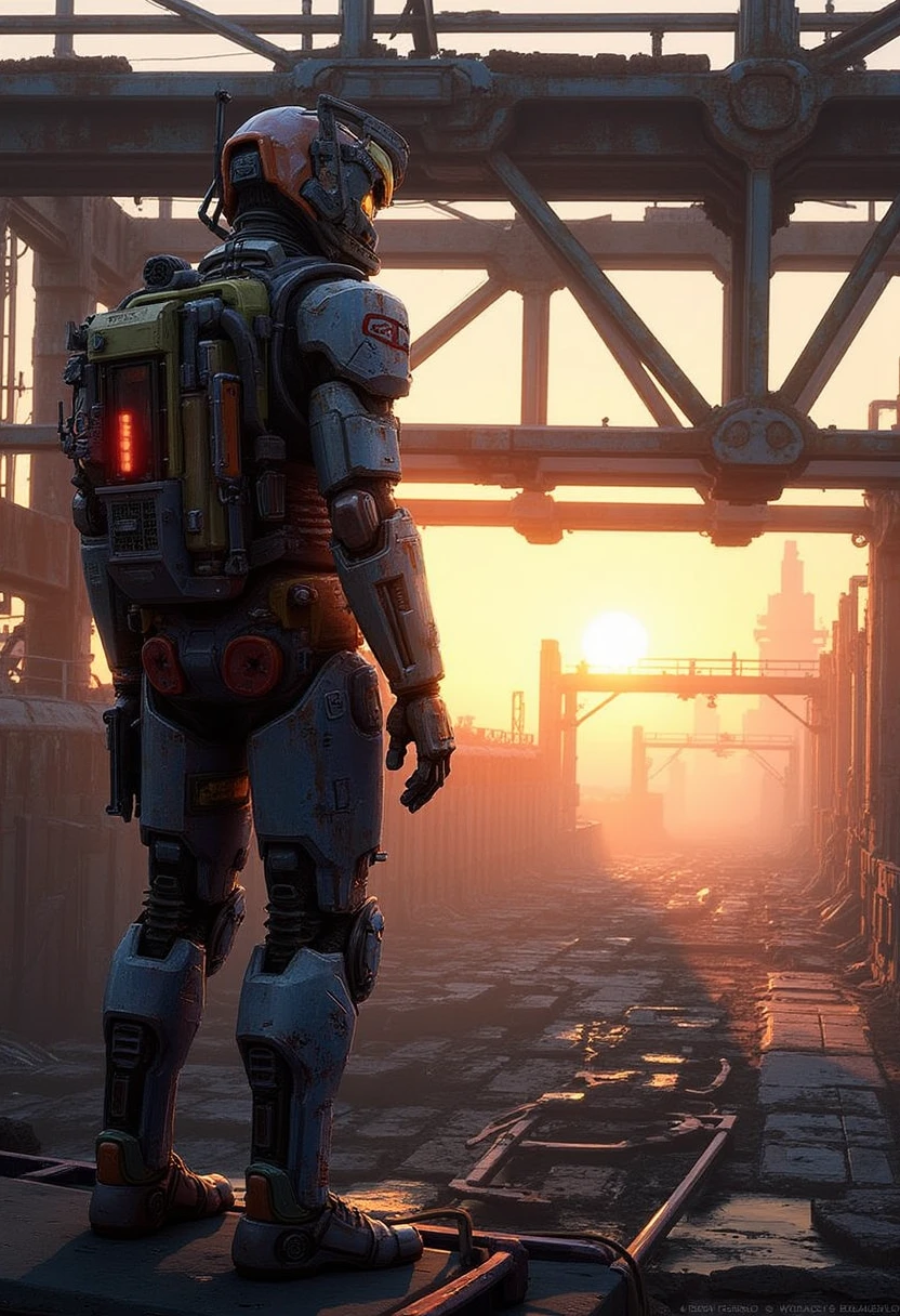 YFG-Hamrater A lone wanderer clad in an elaborate, patched-up exosuit, standing before a decaying industrial bridge. The scene is drenched in a post-apocalyptic sunset, radiating warm oranges and deep blues that define Hamrish Frater's dramatic lighting style.