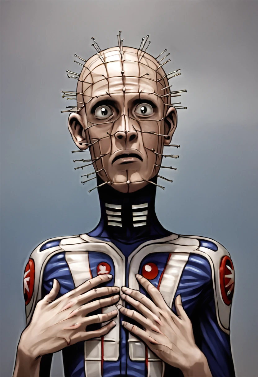 <lora:Pinhead-PXL:1> Pinhead-PXl, Pinhead, solo, wide_eyed, skinny, 1boy, portrait, Space capsule, , Bronze tube dress, , , , hand on own chest, , , source_cartoon, ,