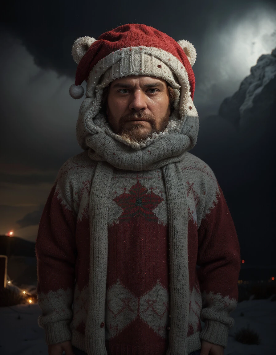 (ChristmasSweater:1.2), in the style of holiday atmospheric christmas fantasy, with vibrant colors, Amid the fury of the swirling thunderstorm, a colossal figure stands unyielding, a terrified titan bear, wearing ChristmasSweater, with a Santa's face on Sweater, a santa hat. string lights hanging off the bear. His gaze cuts through the blinding storm, eyes alight with an inferno that defies the intensive. The howling wind tears at the fabric of the world itself, threatening to swallow everything in its relentless grasp.<lora:SDXLChristmasSweater:1.0>