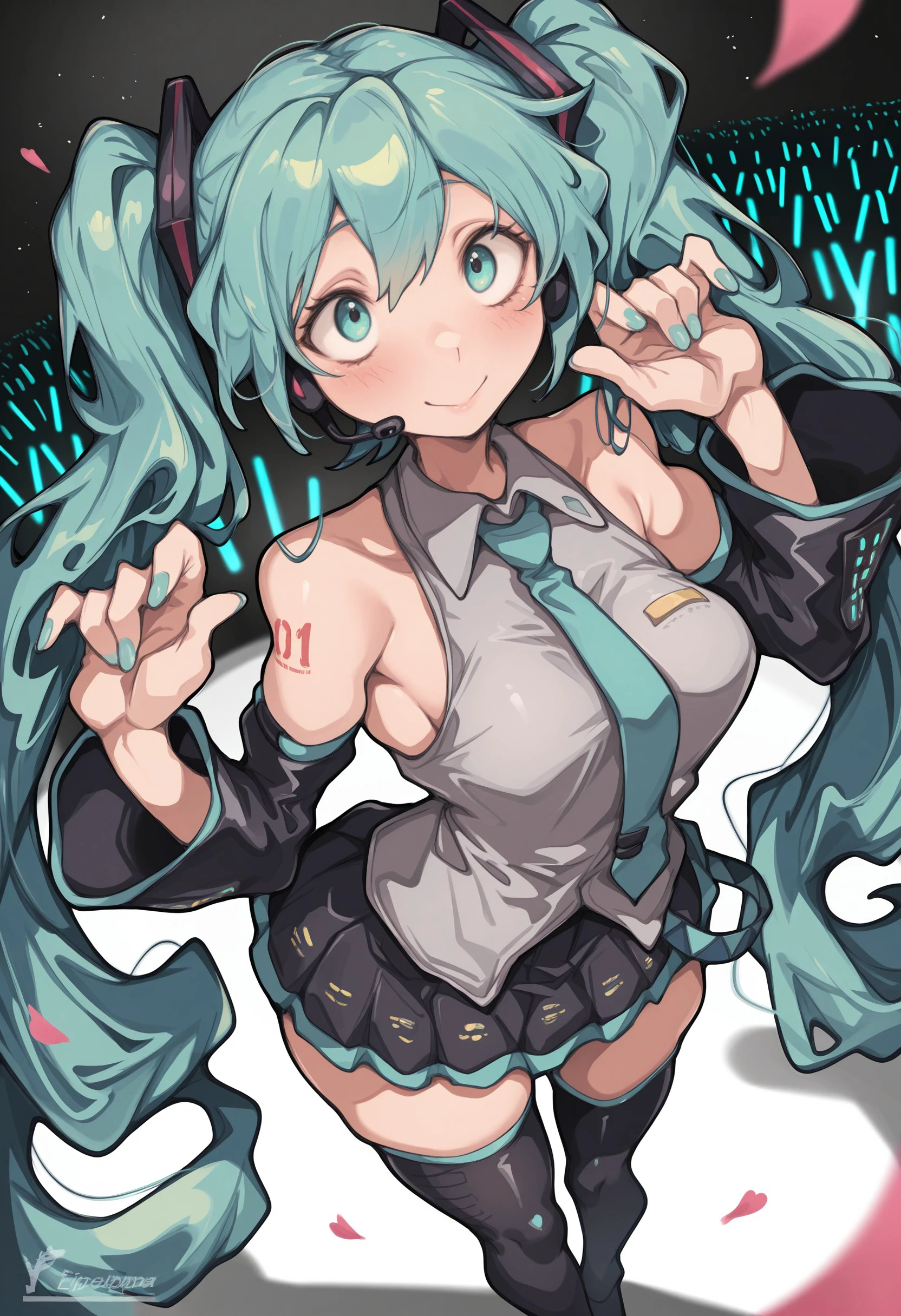 (masterpiece), best quality, expressive eyes, (best quality, ultra-high res), (intricate details), dynamic pose, (sharp focus), abstract, abstract, pink petals, glowstick, concert, confetti, dutch angle, star /(symbol/), sparkle, crowd, concert,
1girl, solo, hatsune_miku, long_hair, twintails, necktie, skirt, detached_sleeves, thighhighs, very_long_hair, white_background, headset, simple_background, aqua_eyes, nail_polish, aqua_hair, shirt, smile, blush, black_skirt, sleeveless, pleated_skirt, aqua_necktie, tattoo, headphones, black_thighhighs, sleeveless_shirt, zettai_ryouiki, looking_at_viewer, bare_shoulders, closed_mouth, grey_shirt
by iparupua, iparupua, <lora:b01830b8-fc30-4620-a21c-1cc0b5b390b5:0.9>