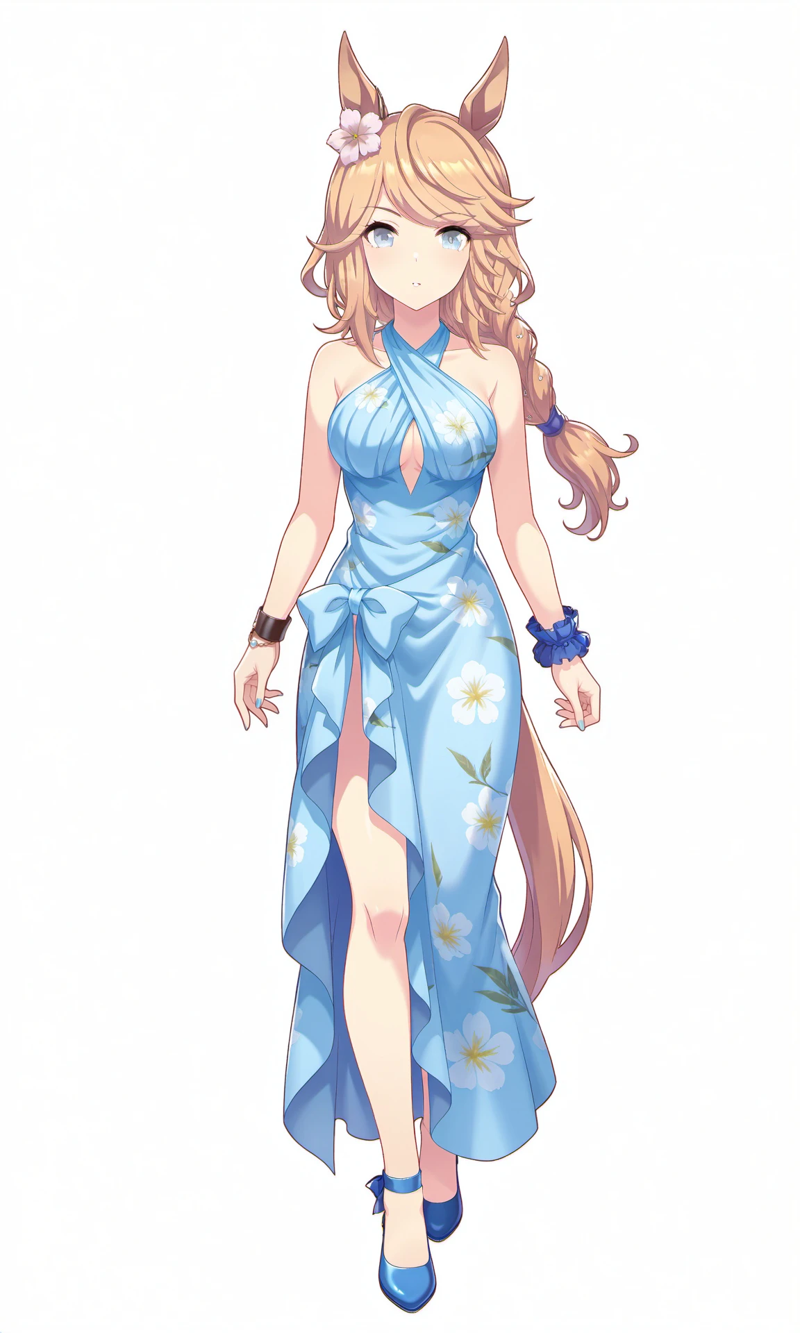 white background,transparent background,simple background,GCgentleMoon,horse girl,bare shoulders,blue sleeveless dress,bracelet,braided ponytail,floral print,ear flower,halterneck,single wrist scrunchie,blue nails,
front view,looking at viewer,standing,full body,
masterpiece,best quality,highres,absurdres,1girl,solo,umamusume,game cg,<lora:GoldCityILExtraV1:0.9>,