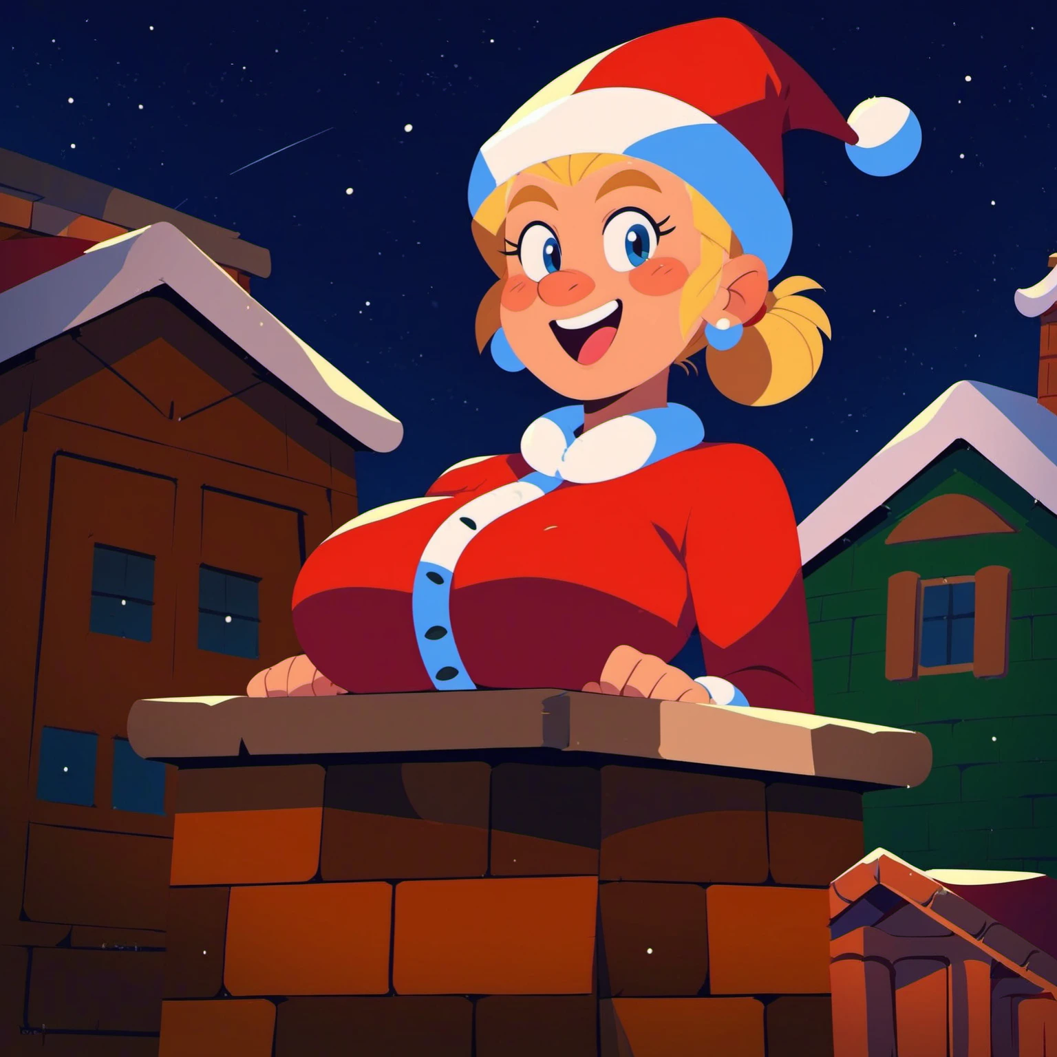 score_9, score_8_up, score_7_up, santa woman, santa in chimney, long blonde hair, blonde eyebrows, santa in chimney, santa woman <lora:santa_in_chimney_01_resized:1>