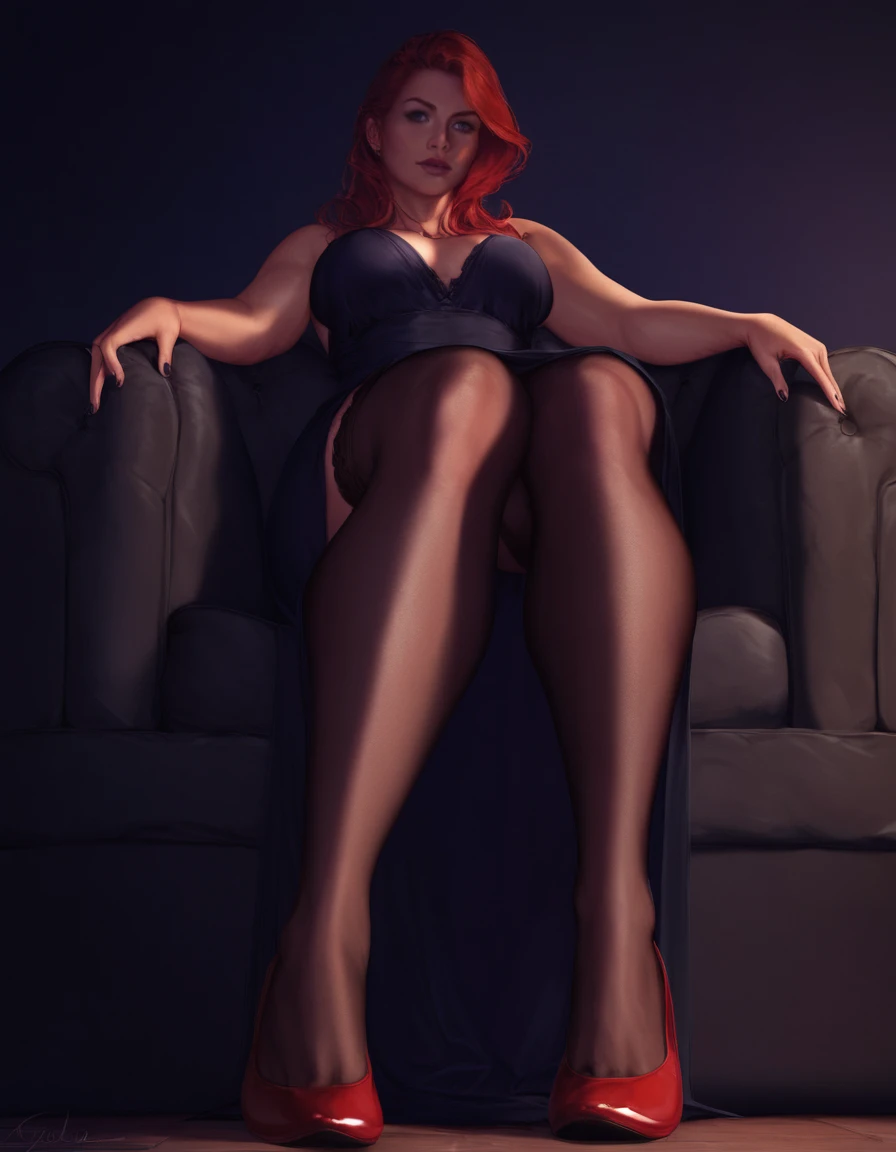 score_9, score_8_up, score_7_up, BREAK  1girl, red hair, curvy body, sitting in sofa, black stockings, black night dress, red heels, from below, (sfw) <lora:Krysdecker_style:1> Krysd3cker dramatic light, warm light, soft light, shadows, chiaroscuro lighting