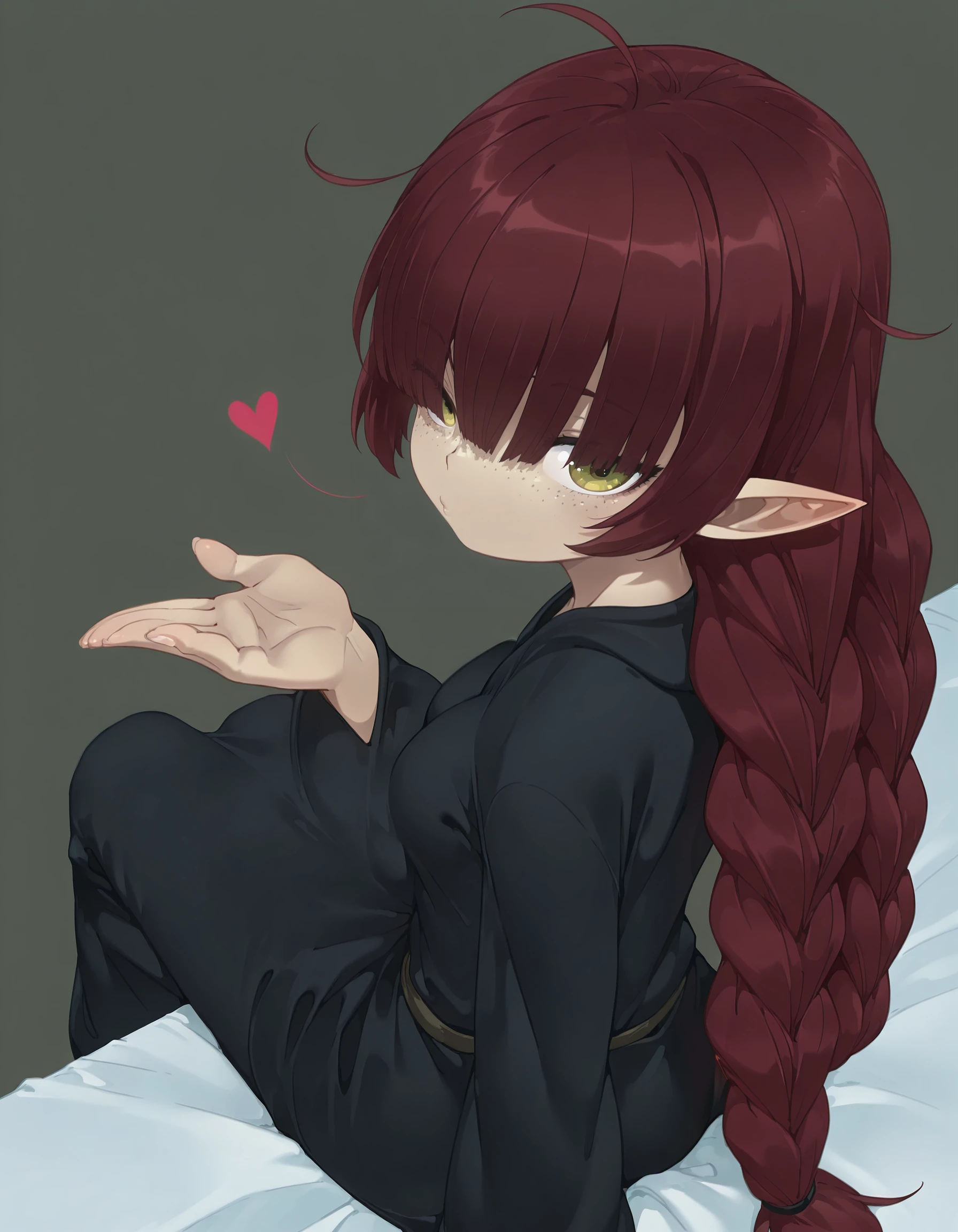 from behind,from above,looking back,looking at viewer,sitting,masterpiece,best quality,
<lora:Majorca Abbott:1>,1girl,solo,freckles,pointy ears,red hair,hair over eyes,ahoge,twin braids,braids,long hair,dress,black dress,braid,breasts,robe,
on bed,<lora:Bleedman-IL:0.9>,Looking back at viewer,nails,yellow eyes,One eye closed,heart,blowing Kiss,black pants,