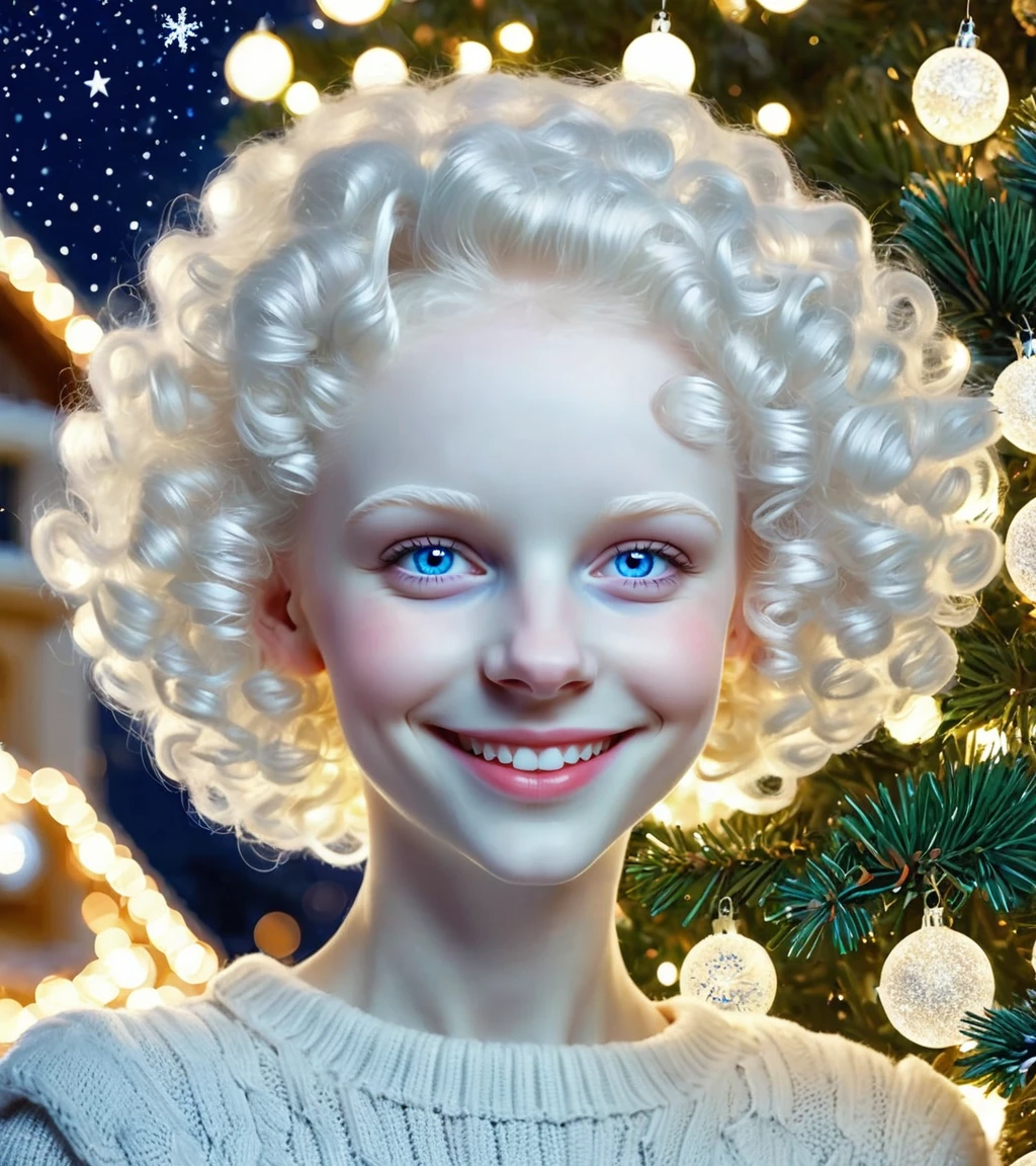 <lora:FemcloudSDXL:0.75>, a femcloud little girl, pale skin, short hair, cheerful, happy, laught, close up, ((slavonic face)), christmas, christmas tree, night, ((real photo))