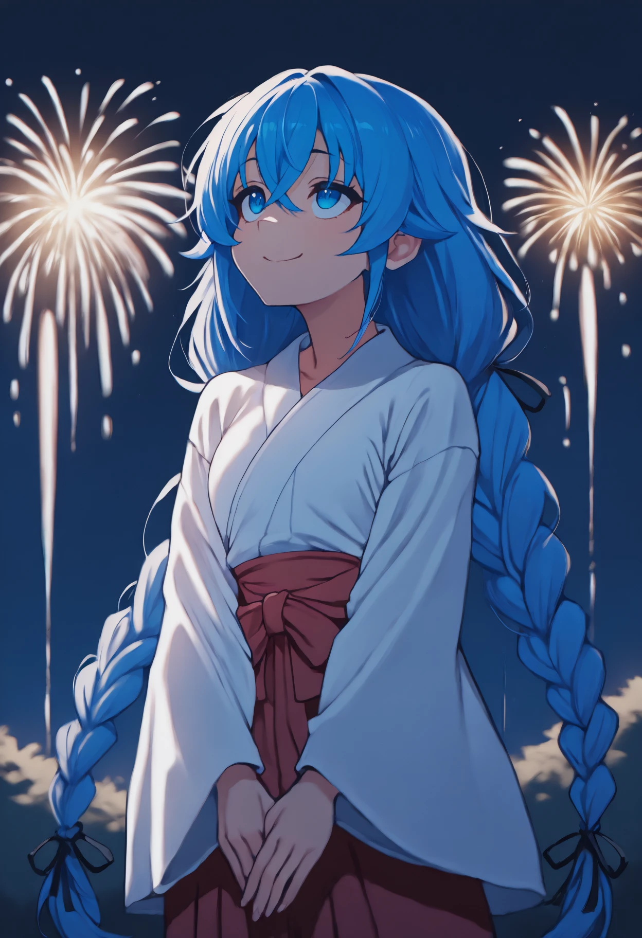 anime, masterpiece, best quality, solo, 1girl, rxmg, smile, looking up, v arms, blue hair, hair between eyes, crossed bangs, twin braids, hair ribbon, black ribbon, blue eyes, japanese clothes, white kimono, red hakama, wide sleeves, outdoors, night, fireworks, backlighting
<segment:yolo-Anzhc Face seg 640 v2 y8n.pt,0.4,0.5//cid=1>