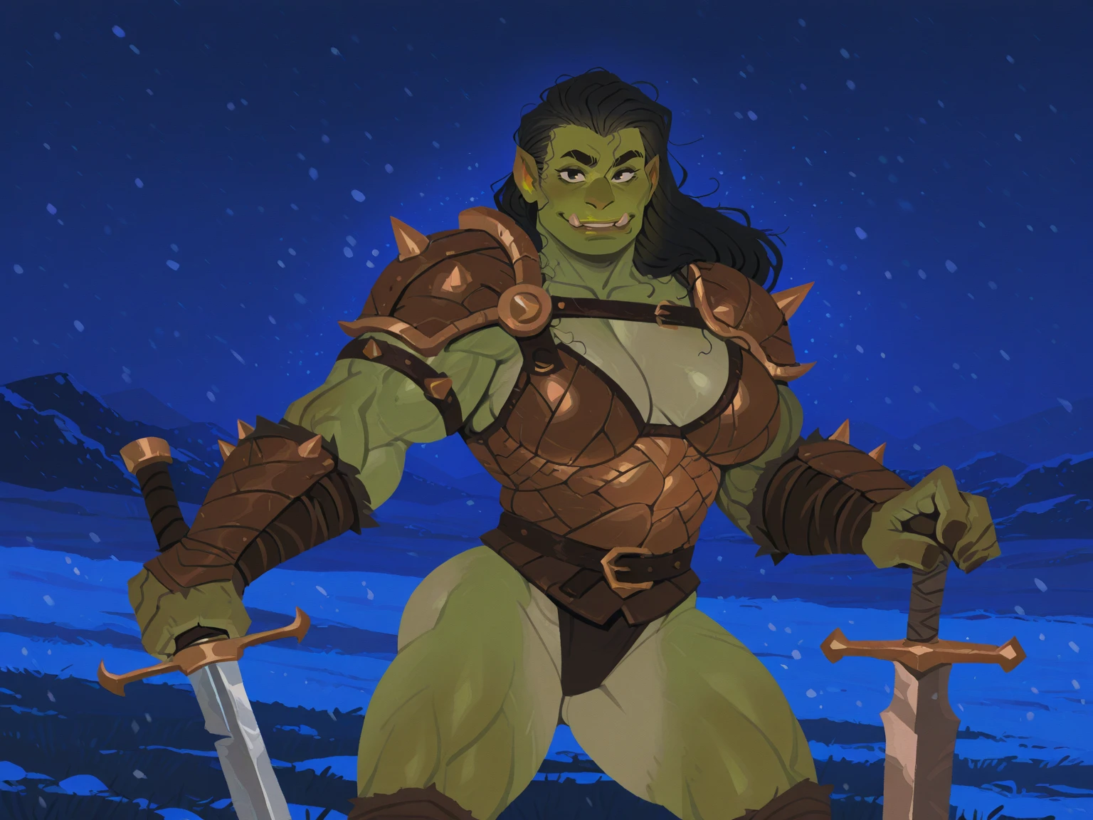 <lora:InCaseArt_Style:0.35>,
1girl, mature female, orc, green skin, [black eyes], muscular female, black hair, long hair, brown leather armor, revealing leather armor, battle stance, holding sword, winter, snowing, night, field, (solo), cowboy shot, looking at viewer, smile
 , <lora:InCaseIL:0.7>, flat colors