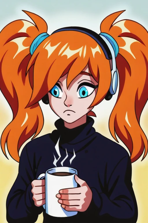 2D, score_9, score_8_up, score_7_up, BREAK, 1girl, solo, GlitchProdBo, Orange Hair, Twintails, Blue Eyes, headphones, black sweater, coffee mug, 2D