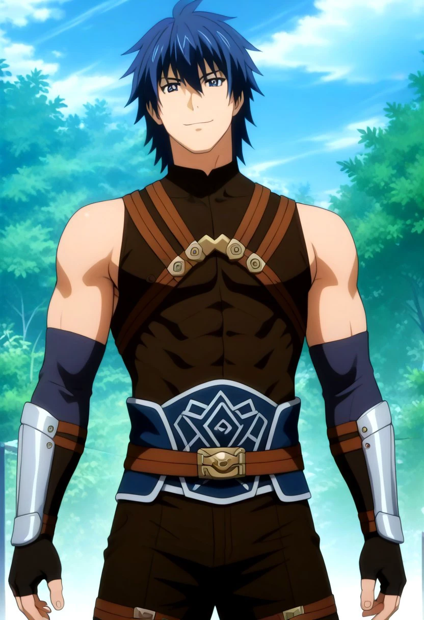 ((masterpiece)), ((best quality)), ((ultra-detailed)), ((absurdres)), score_9_up, score_8_up, score_7_up,
HD, top quality, best quality, amazing quality, High-quality illustrations, anime screencap, source_anime, best aesthetic, perfect proportions, perfect eyes, 1boy, 1male, solo boy, solo male, male focus, solo male focus, Akatsuki Ousawa, blue hair, blue eyes, Anime, boy, male anime character, anime boy, handsome, cute, charming, sexy, good-looking, brown shirt, sleeveless, elbow pads, arm straps, fingerless gloves, brown pants, multiple thigh straps, ((smirk)), ((nature, mountains, open field)), ((front view, front shot, facing front, view from the front)), ((face shot, head shot, face only, head only)), easynegative, updn, Expressiveh, masterpiece, best quality, very aesthetic, absurdres