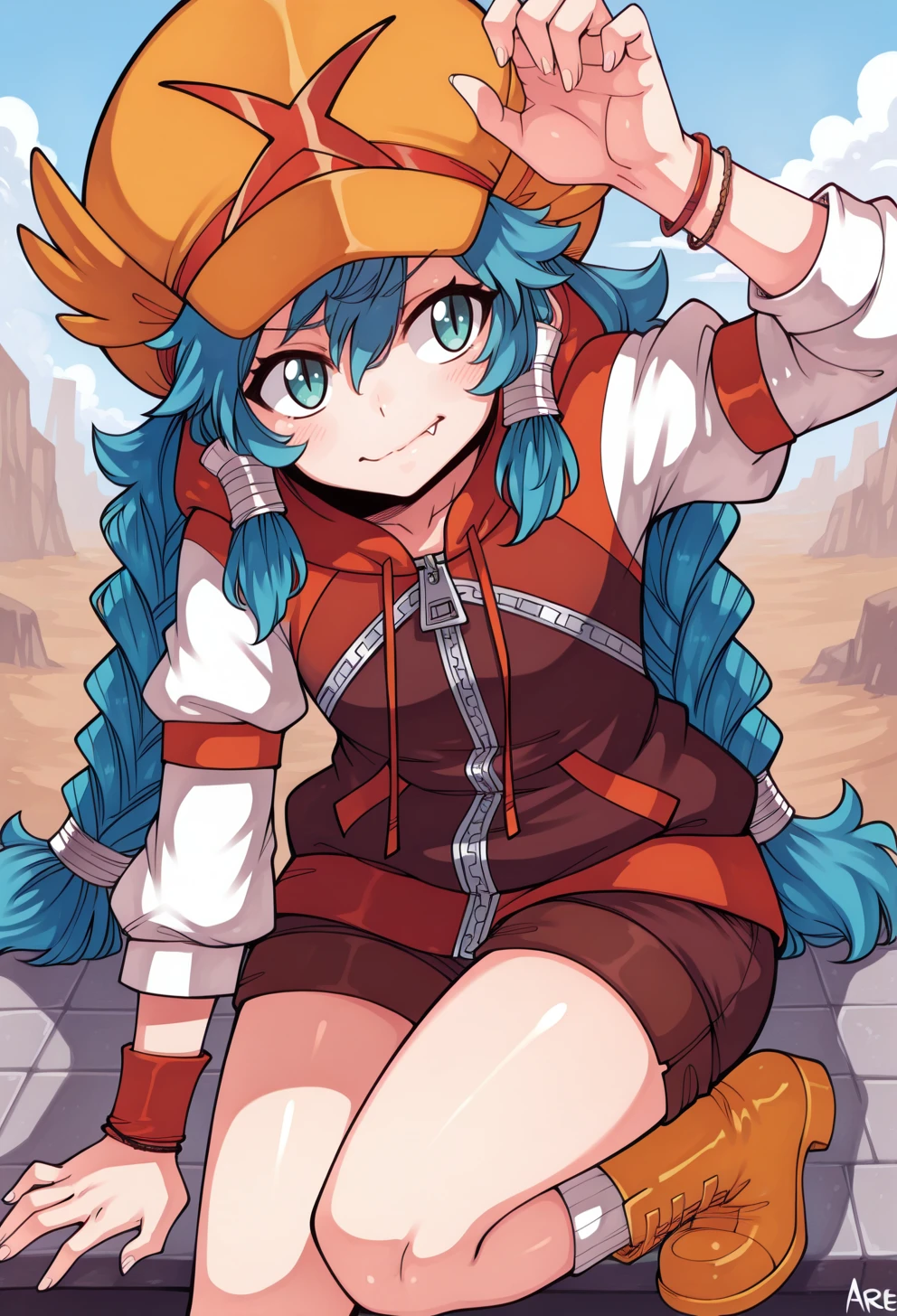 masterpiece, best quality, high quality, anime, <lora:AEMelIllx:1>AEMel, aqua eyes, slit pupils, blue hair, twin braids, sidelocks, hair tubes, very long hair, yellow hat, Brown hoodie, layered sleeves, short over long sleeves, white sleeves, zipper, bracelet, Orange wristband, single wristband, Brown shorts, White socks, yellow boots, fang out,   <lora:AESTYLER:1.35>