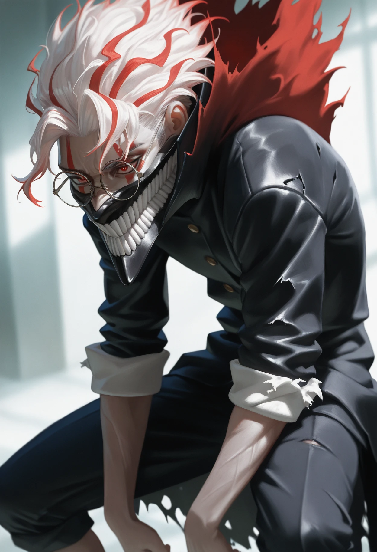 masterpiece, best quality, realistic,
 <lora:Okarun Dandadan [IL]:0.85> okarun, 1boy, solo, male focus, red eyes, glasses, white hair, mask, teeth, long sleeves, multicolored hair, red hair, round eyewear, || rolled up sleeves, school uniform, torn clothes, black jacket, long jacket, standing, (hunchback posture, kyphosis posture)