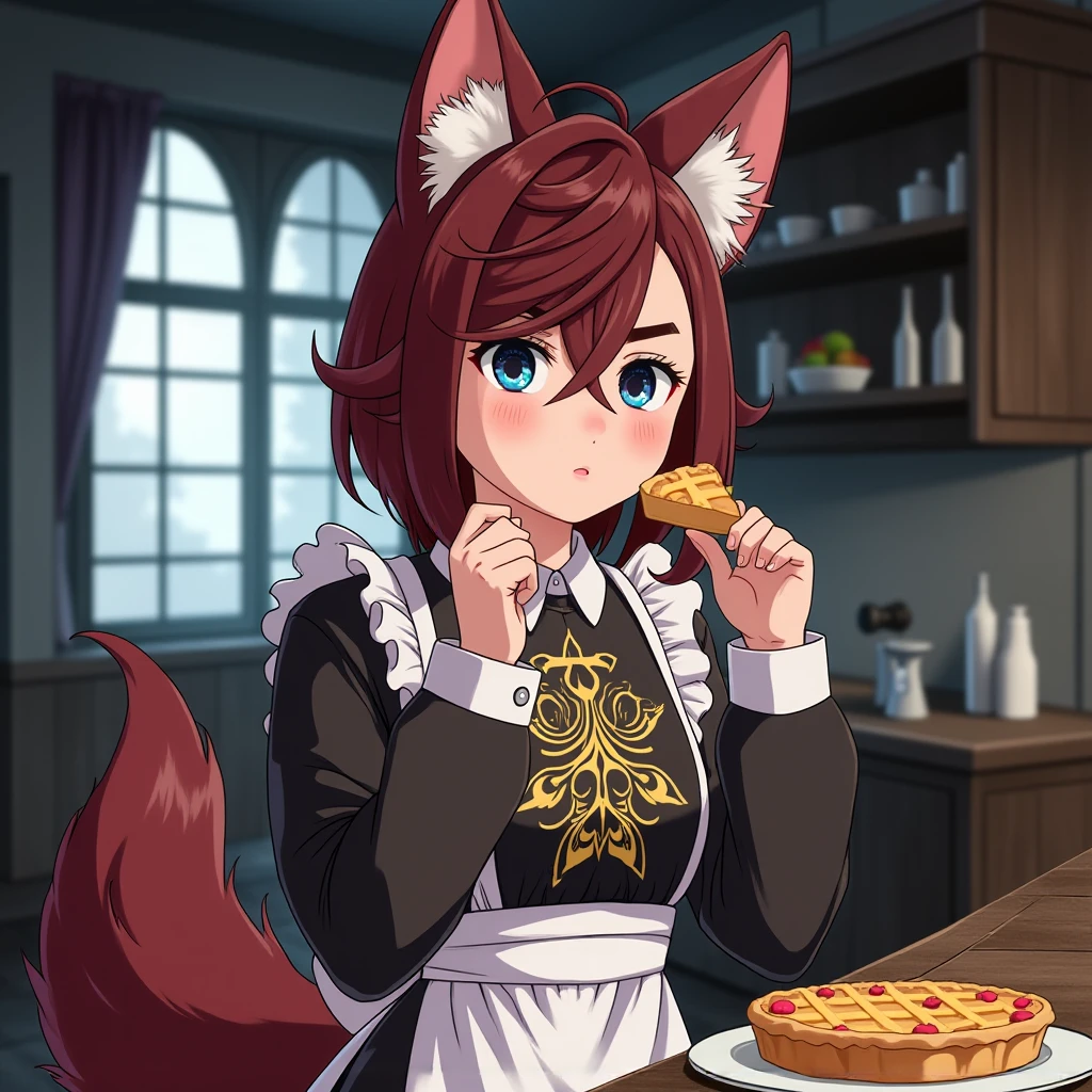 yuki with massive fluffy fennec ears and a big fluffy tail blue eyes wearing a maid outfit with a long black dress with a gold leaf pattern and a white apron eating a slice of an apple pie in the kitchen of an old dark victorian mansion with a bright window and very expensive stuff everywhere