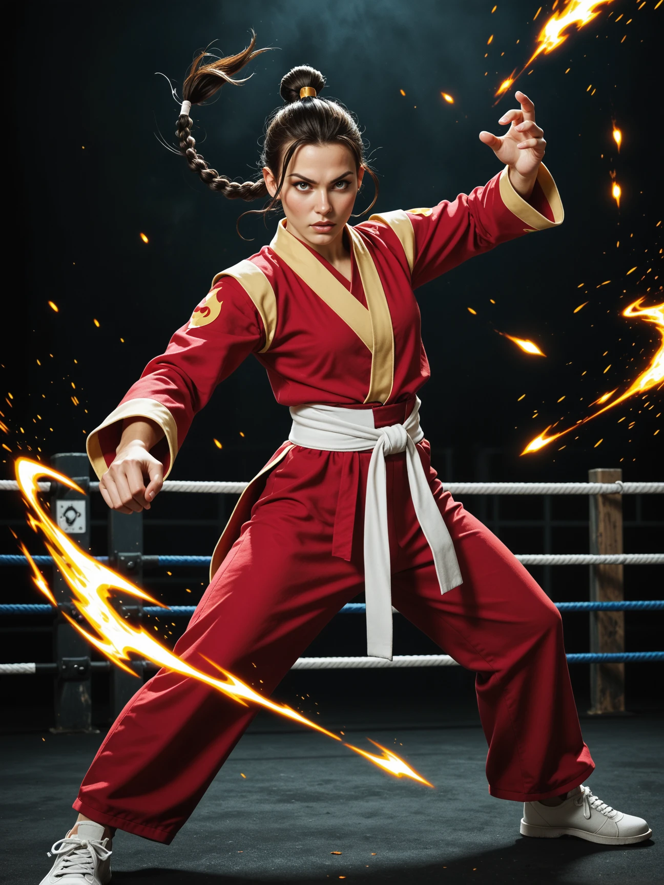 1girl, Fire bender, sexy outfit, flames, sparks, dynamic, powerful, elemental, magic, intense, gaze, martial arts stance, energetic, mystical, sparks, swirling, orange, red, fierce, background, realistic, score_9, score_8_up, score_7_up, score_6_up